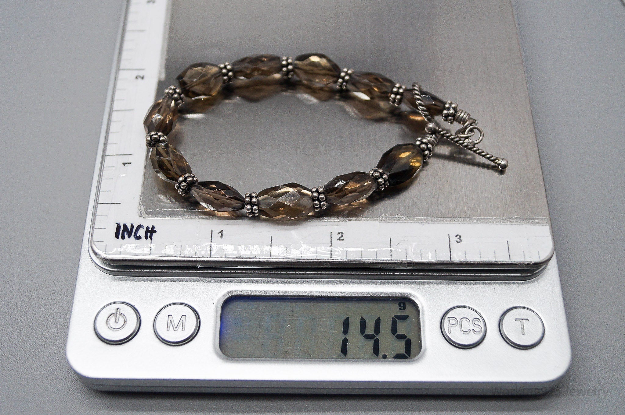 Vintage Smoky Topaz Bead Silver Toggle Bracelet - 7.5"