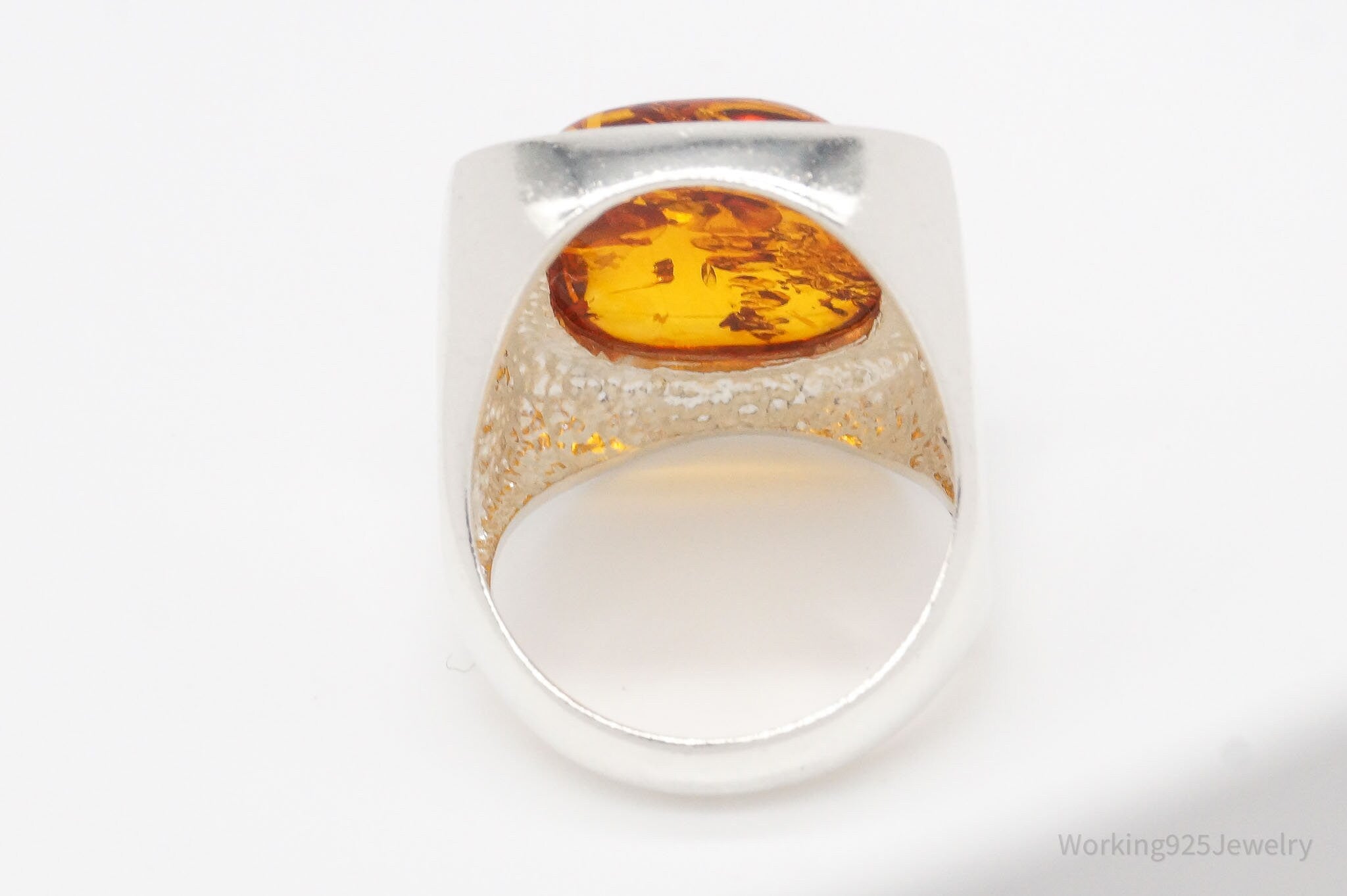 Vintage Large Amber Modernist Sterling Silver Ring - Size 7.25