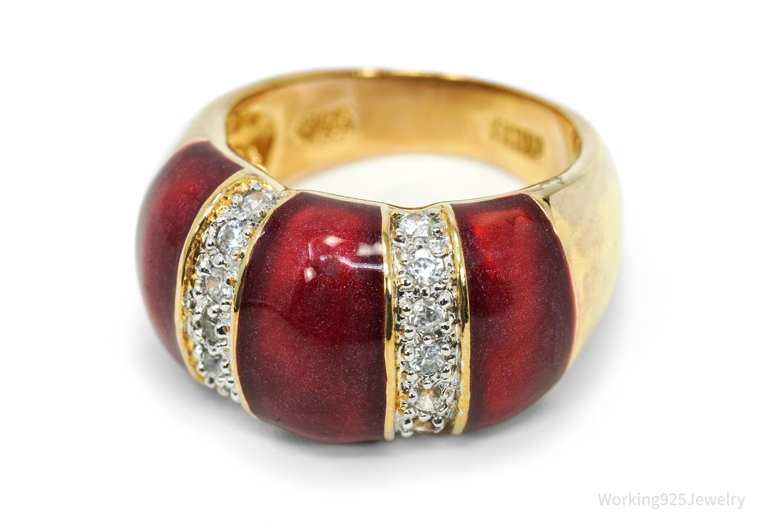 Designer Cubic Zirconia & Red Enamel Gold Over Sterling Silver Ring Size 6.75