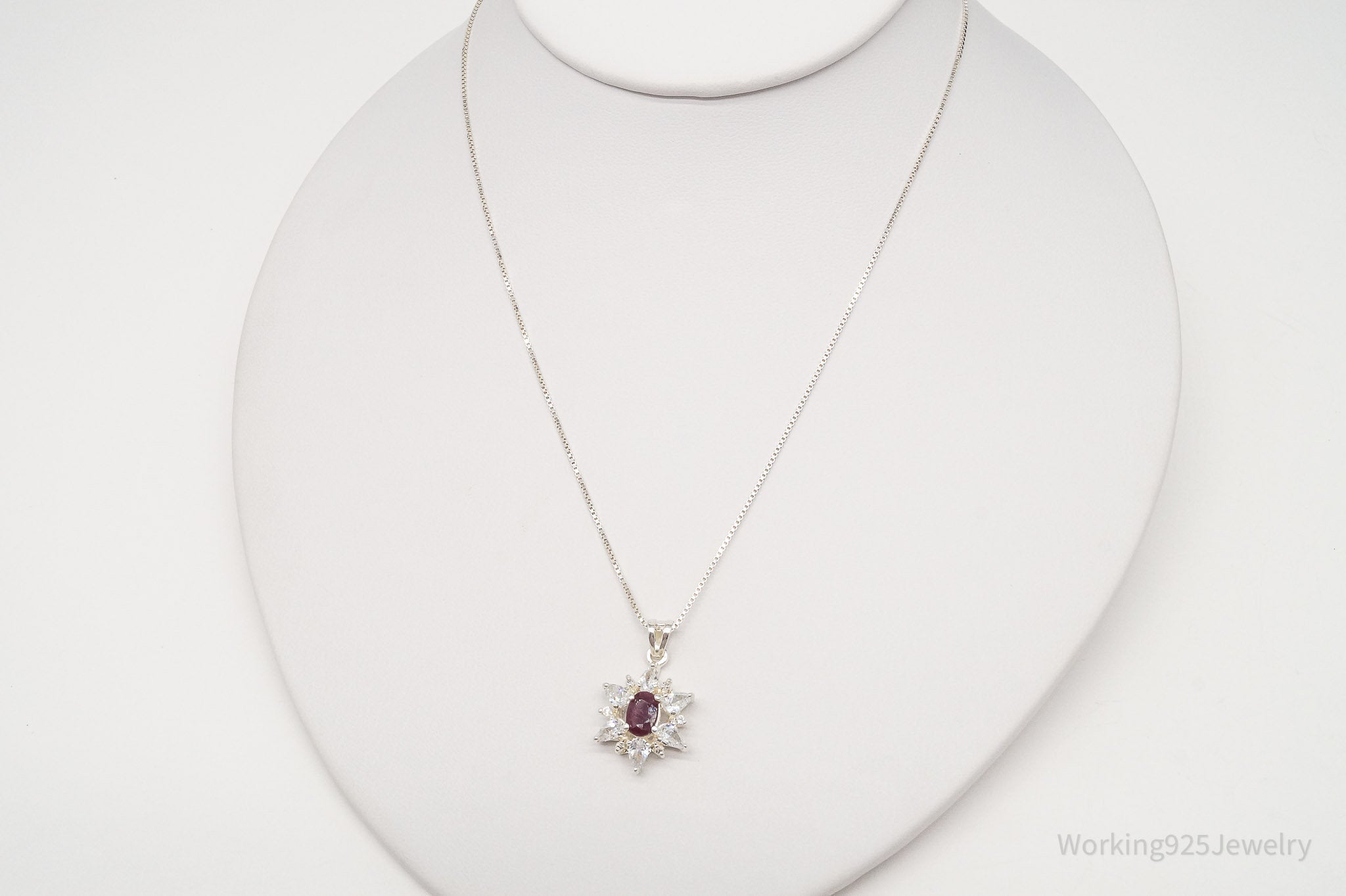 Vintage Raw Cut Ruby Cubic Zirconia Flower Sterling Silver Necklace 18"