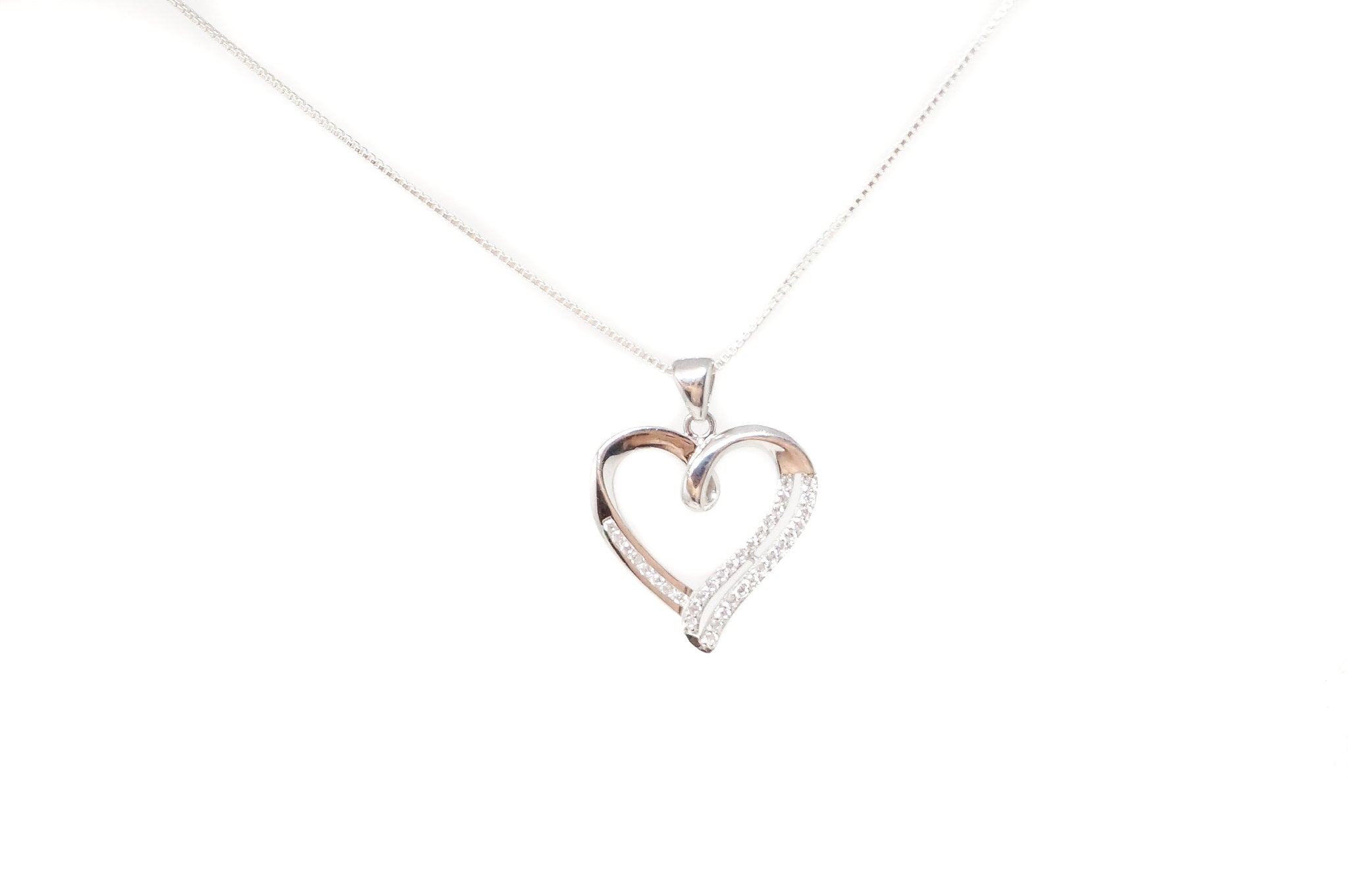 Vintage Open Heart Cubic Zirconia Accented Sterling Silver Necklace Pendant