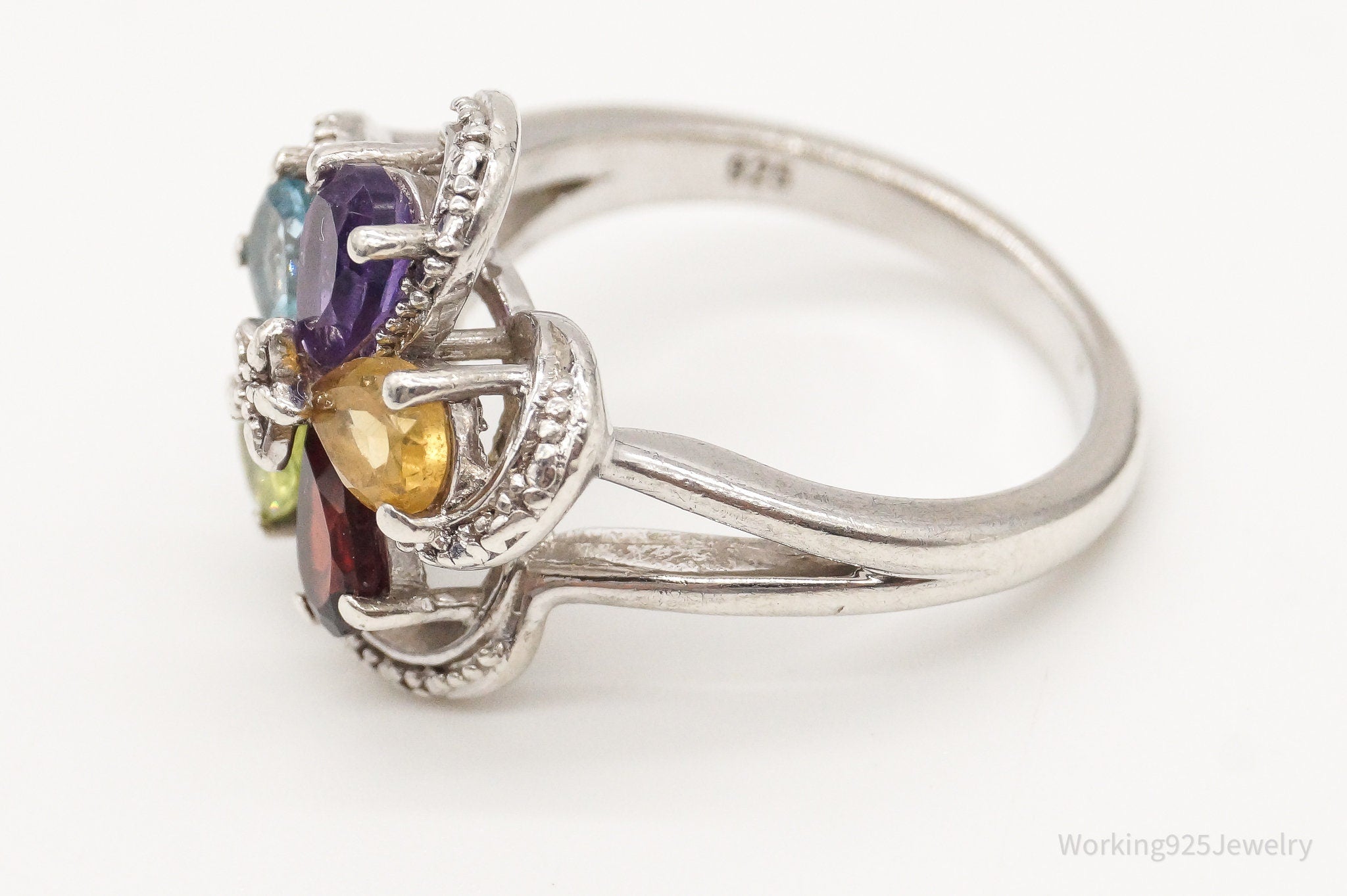 Vintage Multi Gemstone Flower Sterling Silver Ring - Size 6.75