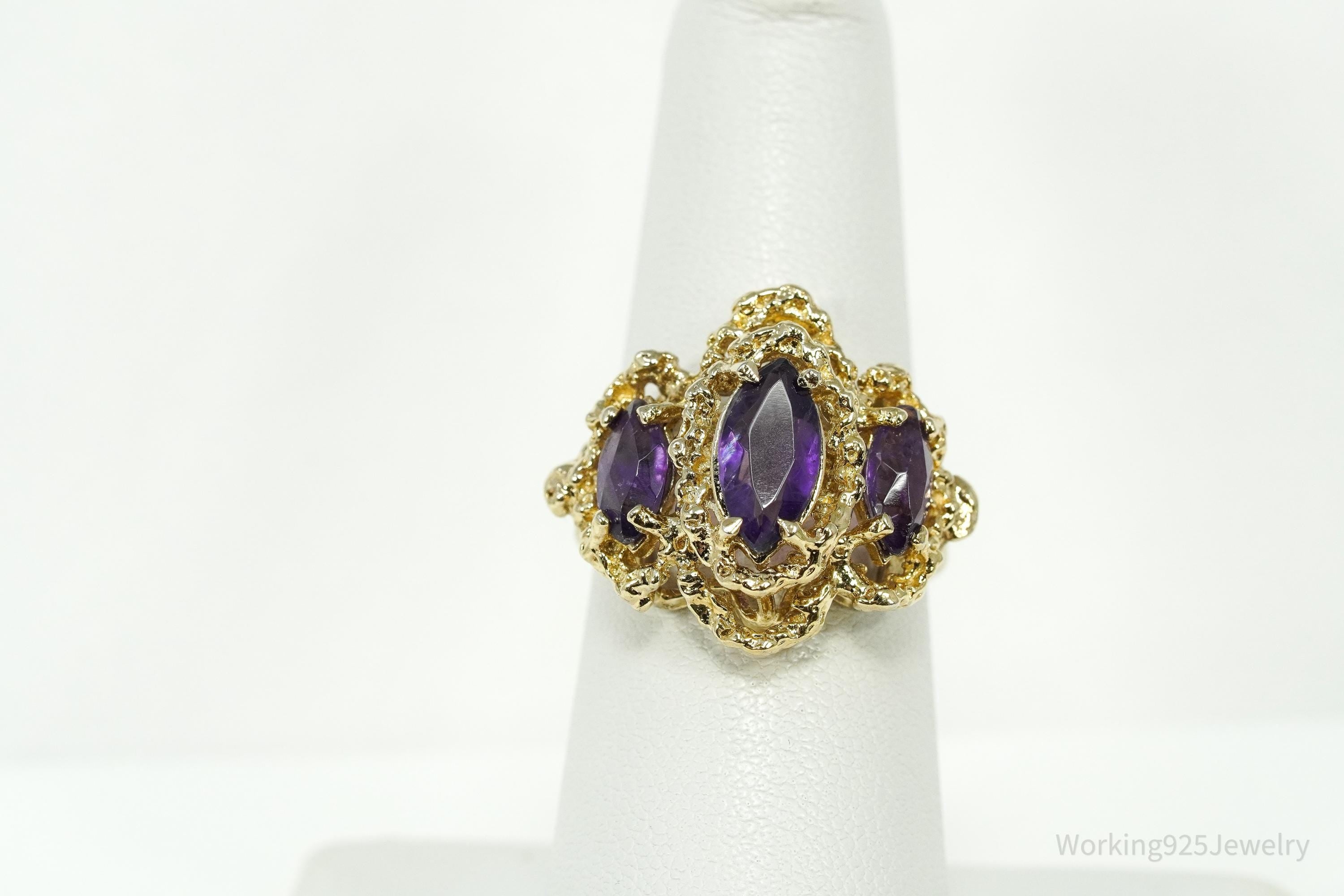 Vintage Amethyst 14K Yellow Gold Vermeil Sterling Silver Ring - Size 6.5