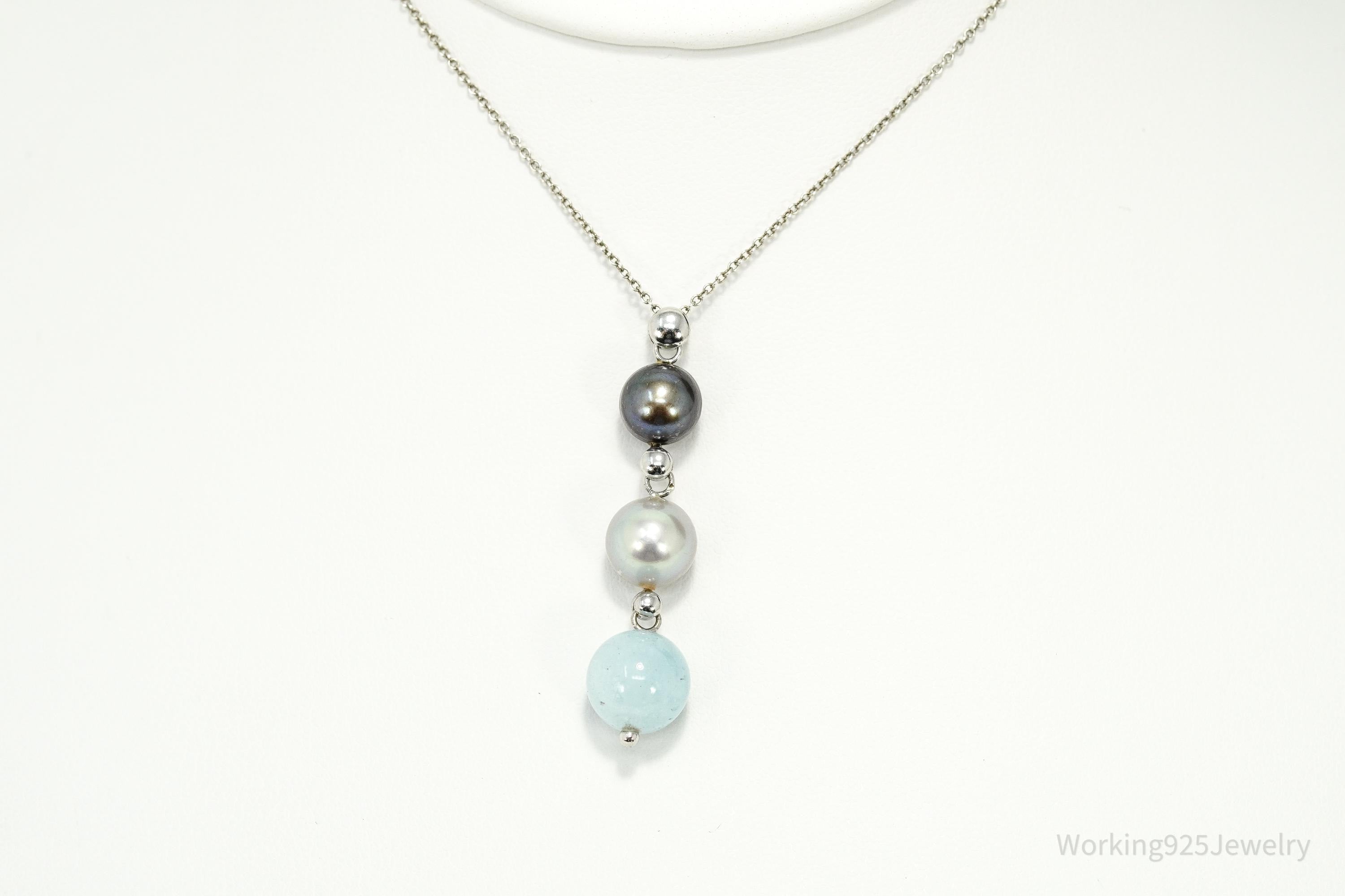 Vintage Pearl & Aquamarine Sterling Silver Necklace 18"