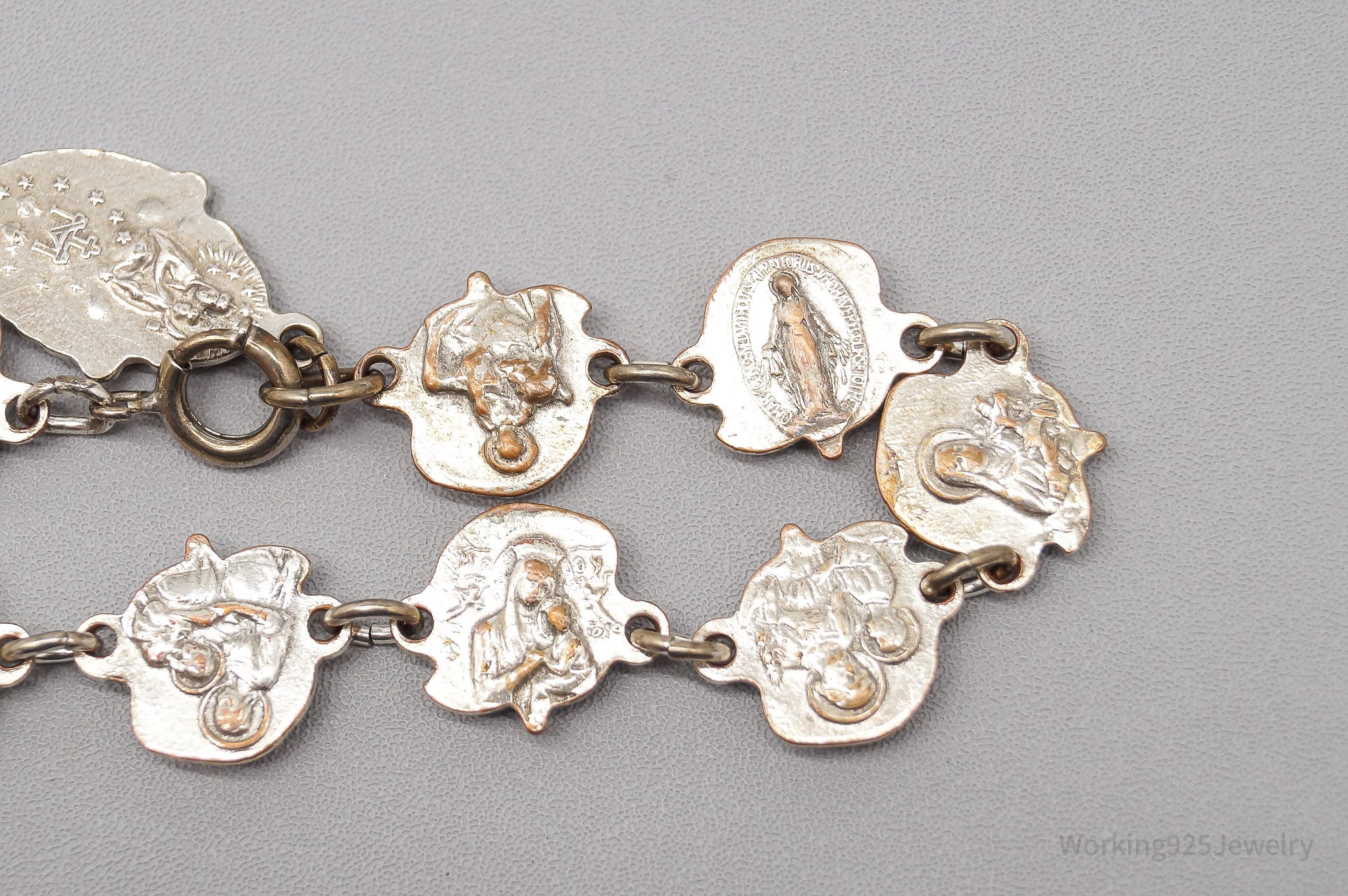 Antique Rosary Roses & Saints Silver Plated Bronze Bracelet 6 7/8"