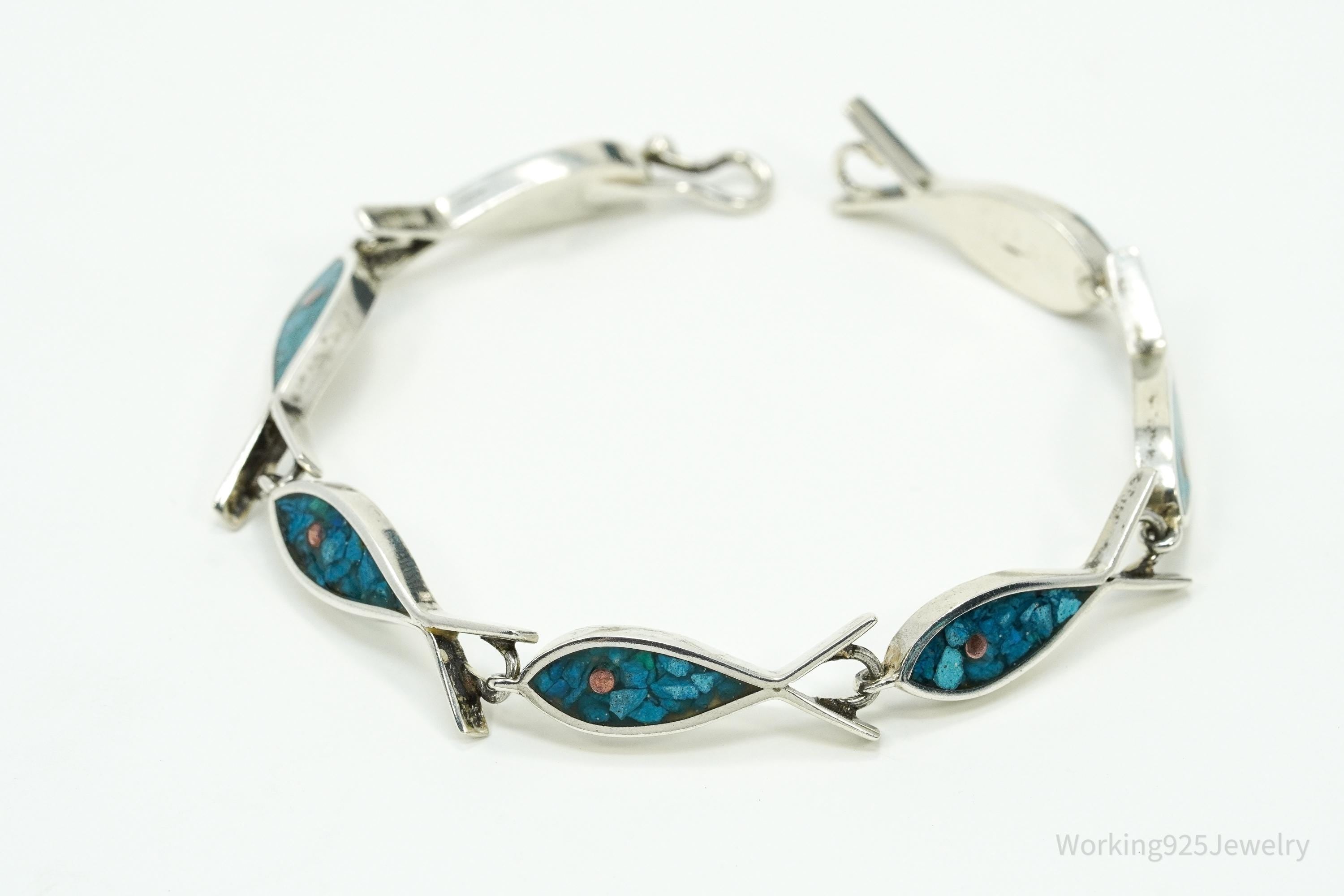 Vintage Mexico Blue Turquoise Inlay Fish Pattern Sterling Silver Bracelet - 7.25"