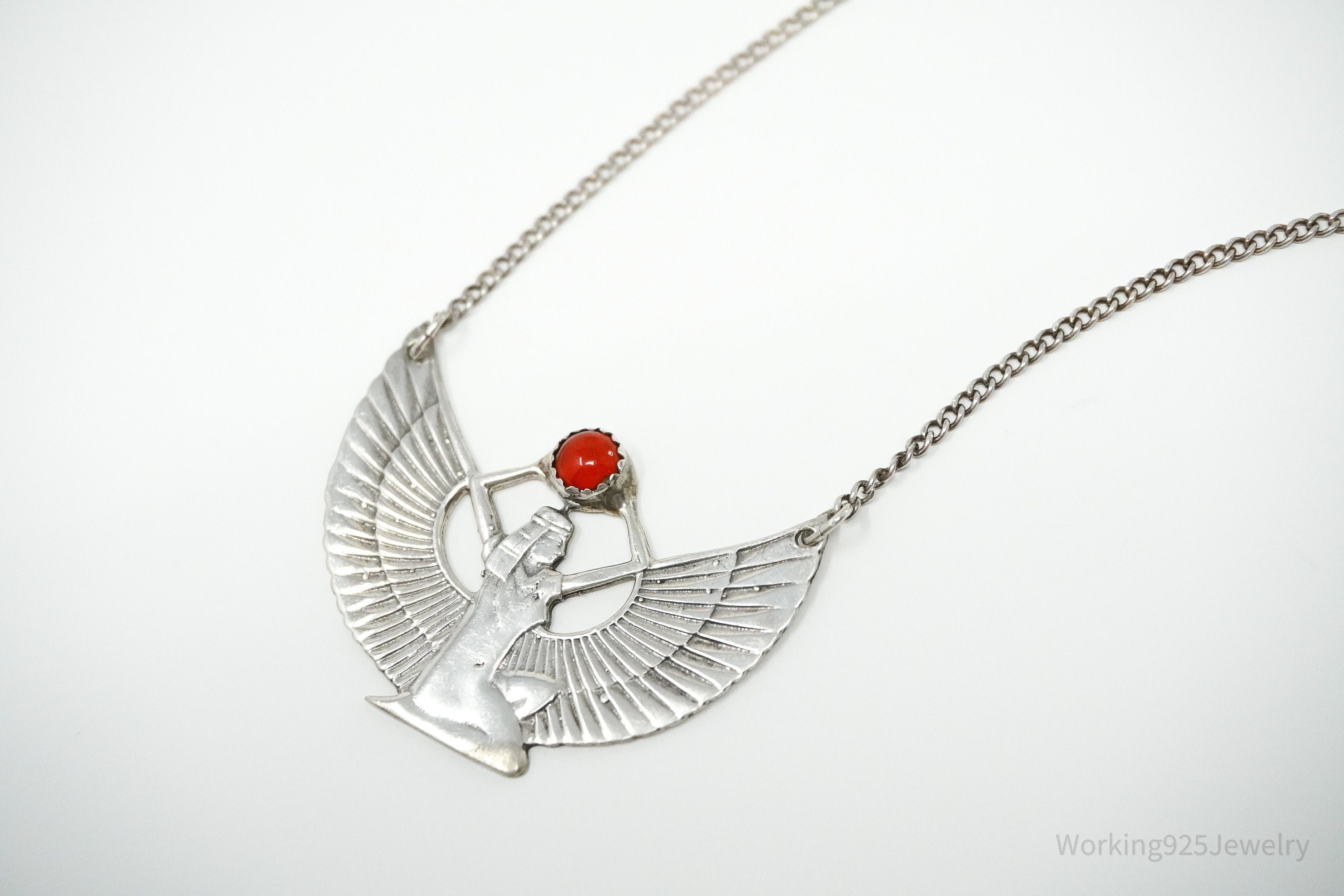 Vintage Egyptian Winged Goddess Isis Red Stone Sterling Silver Necklace 16"