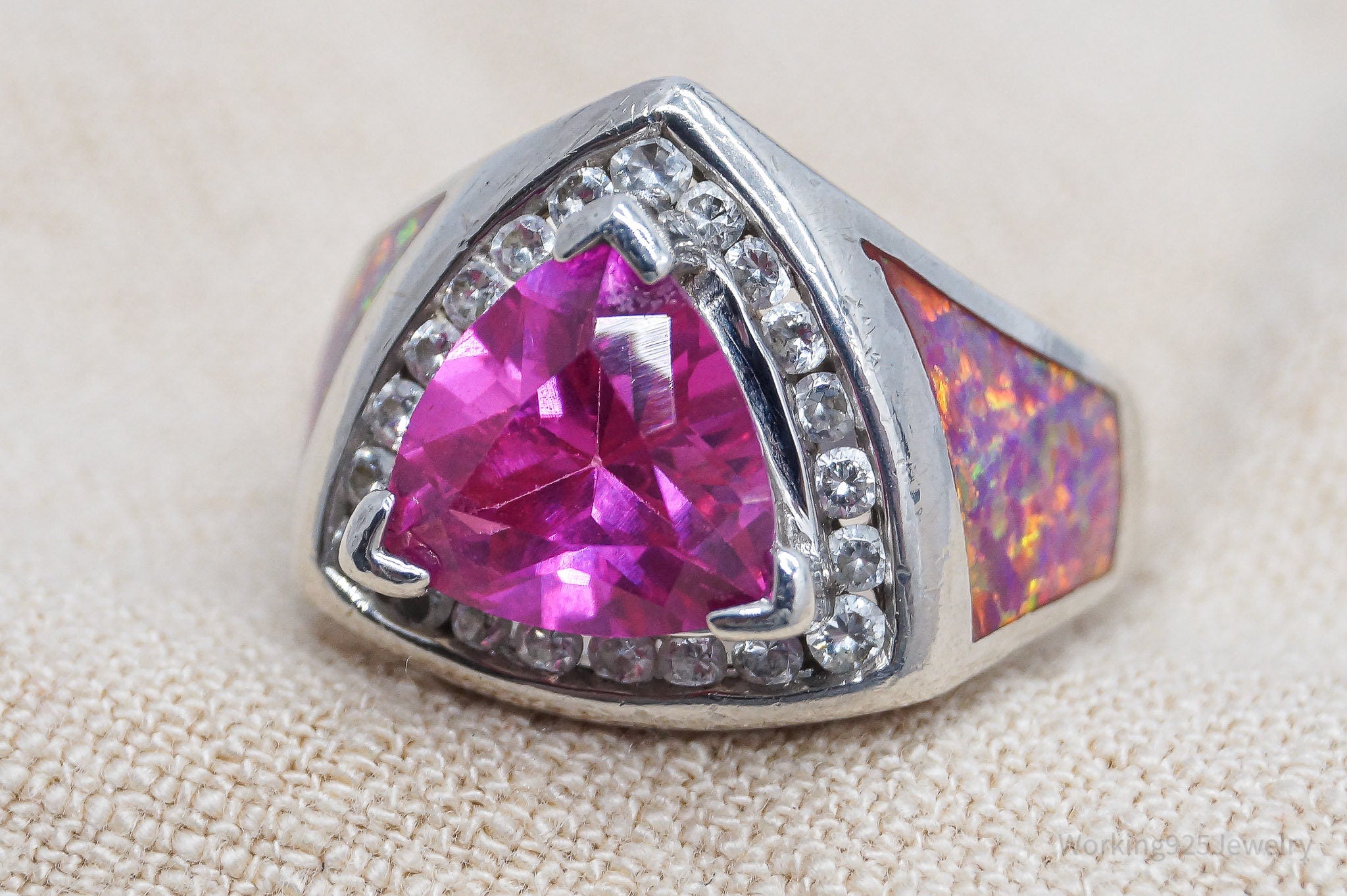 Vintage TGI Pink Sapphire Opal Inlay Cubic Zirconia Sterling Silver Ring - SZ 6