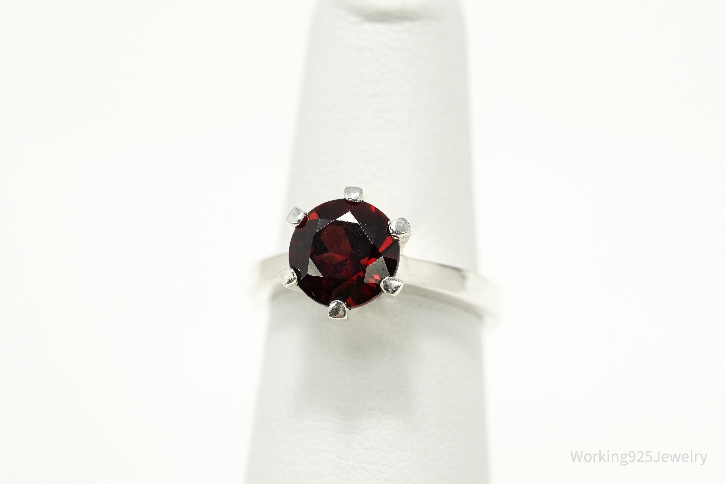 Vintage Sterling Silver Ring • Round Garnet Solitaire Gemstone Size 5