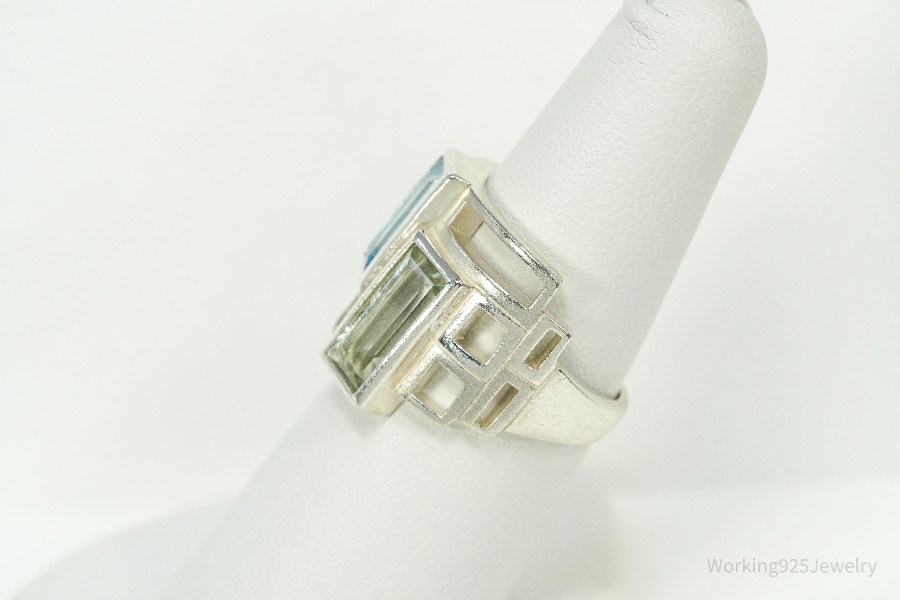 Vintage Green Amethyst & Blue Topaz Modernist Style Sterling Silver Irish Ring - Size 7.25