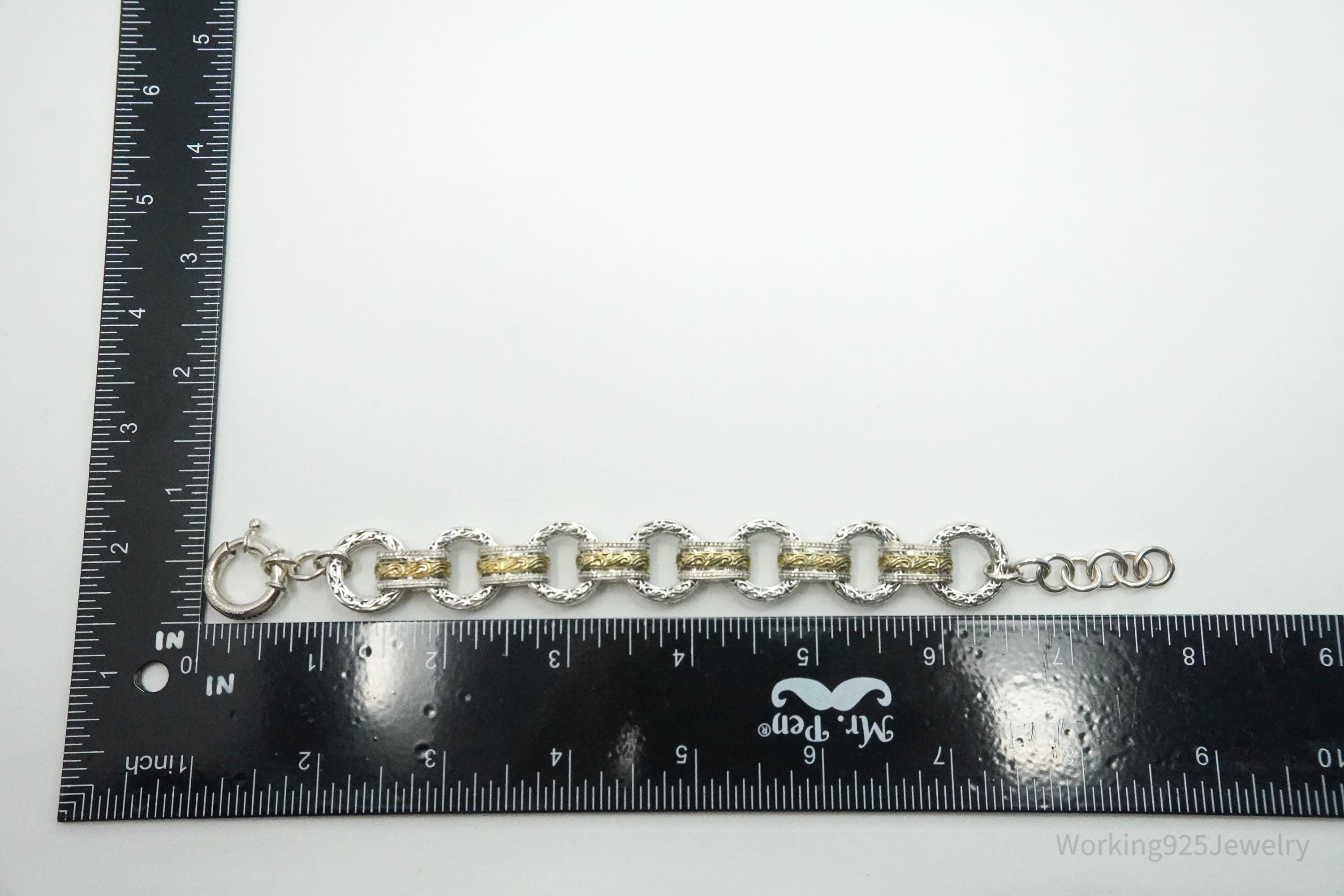 Vintage ASJ Filigree Scroll Design Large Link Gold Vermeil Sterling Silver Chain Bracelet 7 7/8"