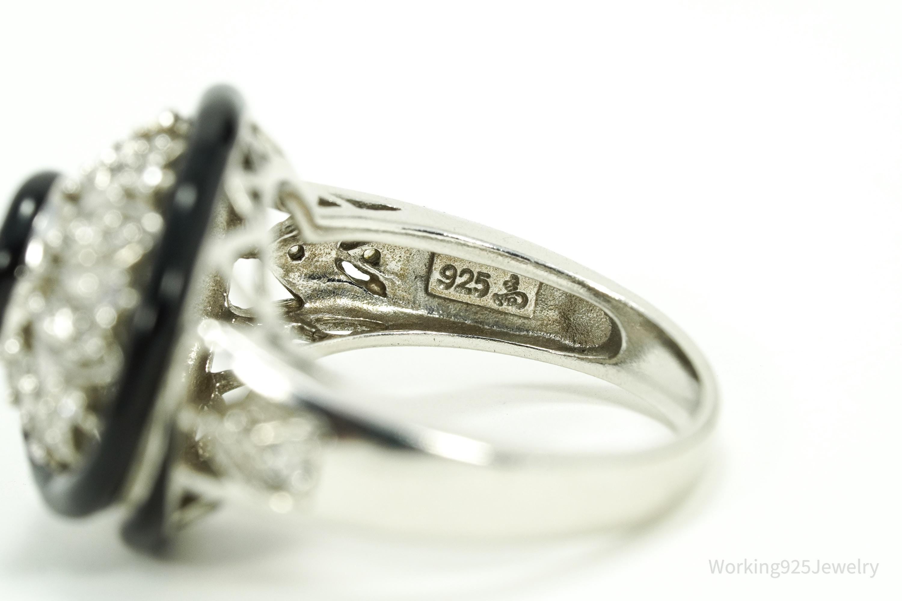 Vintage Designer Cubic Zirconia & Enamel Spiral Sterling Silver Ring - Size 7