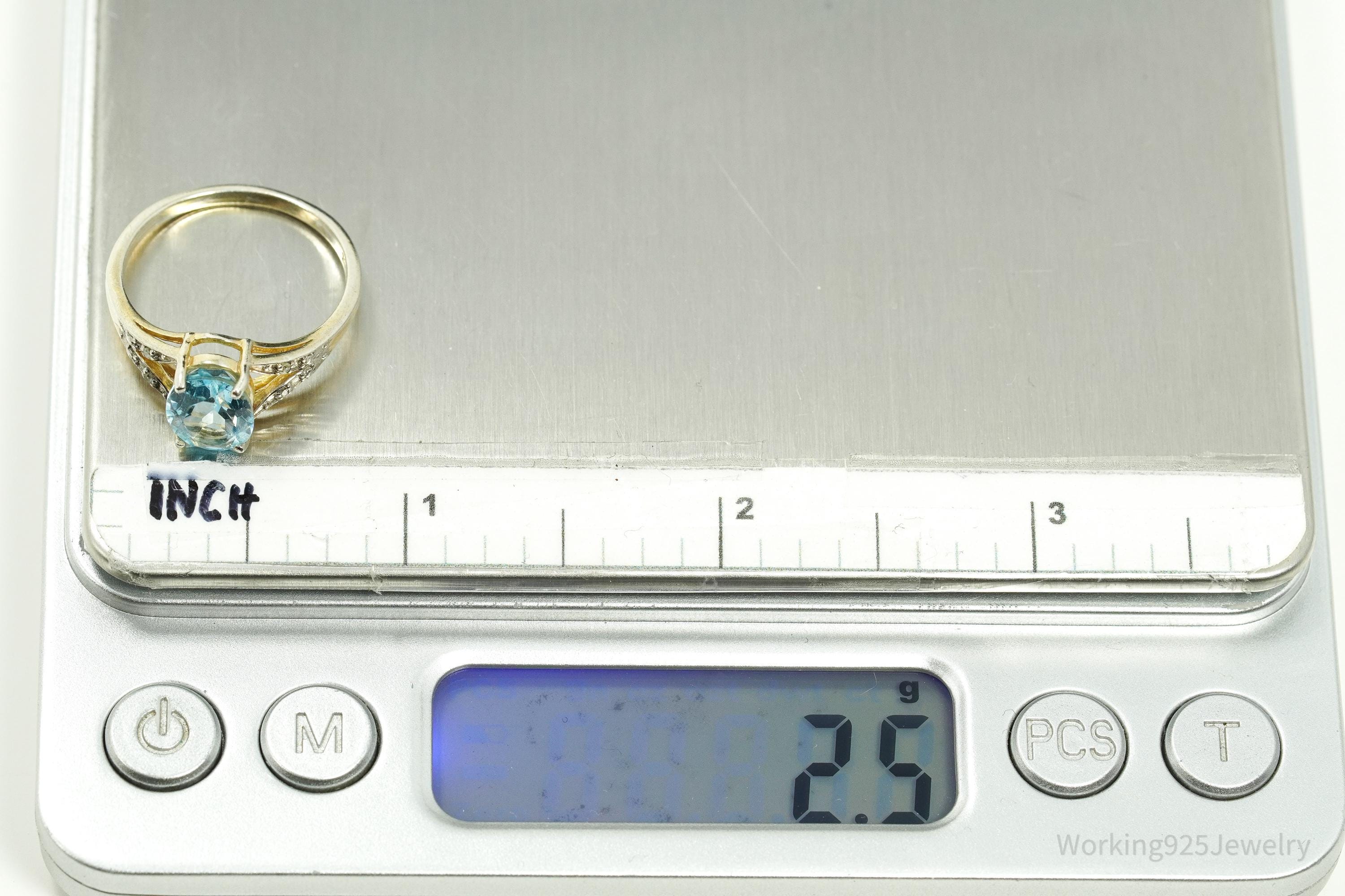 Vintage Blue Topaz & Diamond Gold Wash Sterling Silver Ring - Size 8