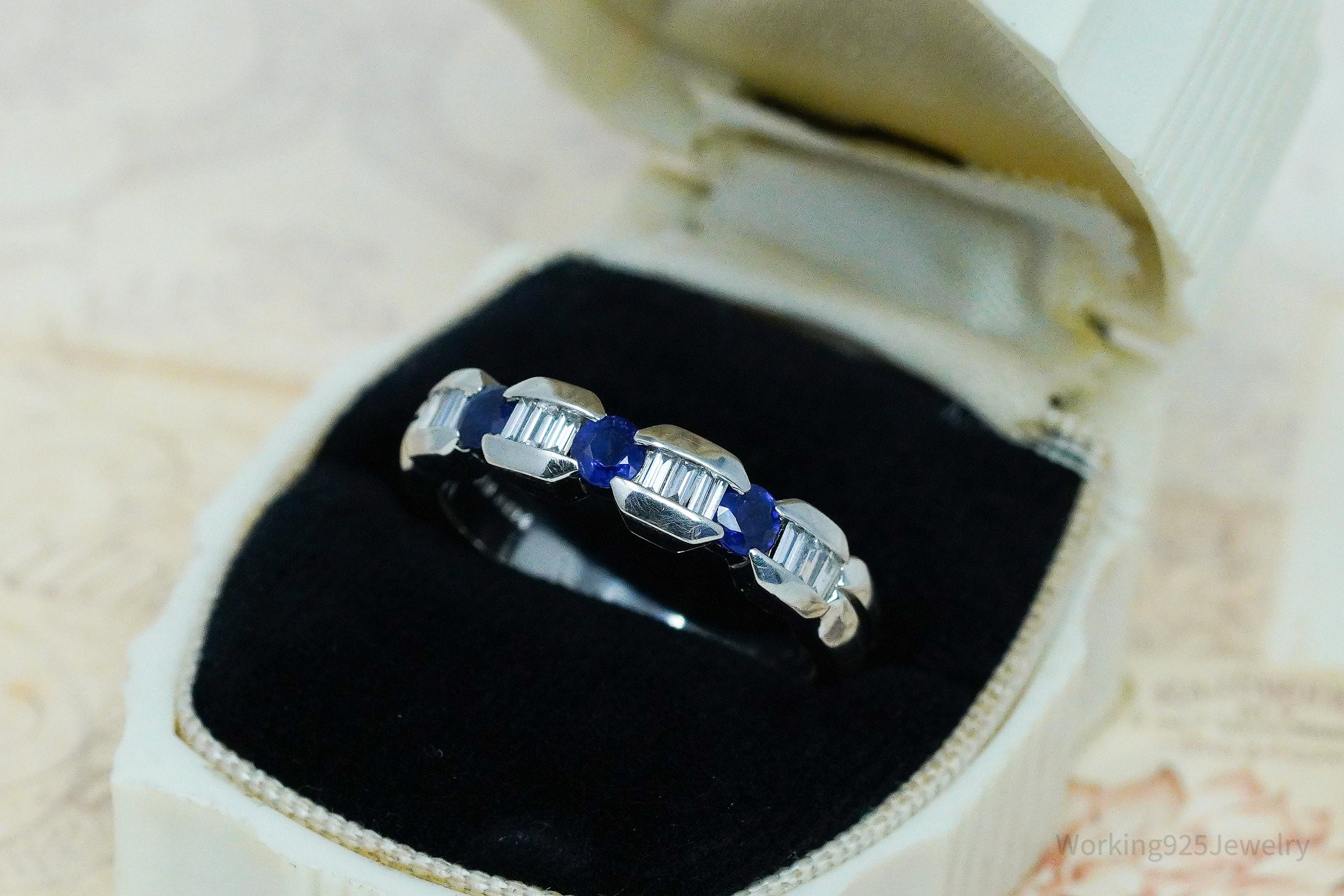 Platinum and Mixed Cut Sapphire and Diamond Prong Set Ring - Size 7.25
