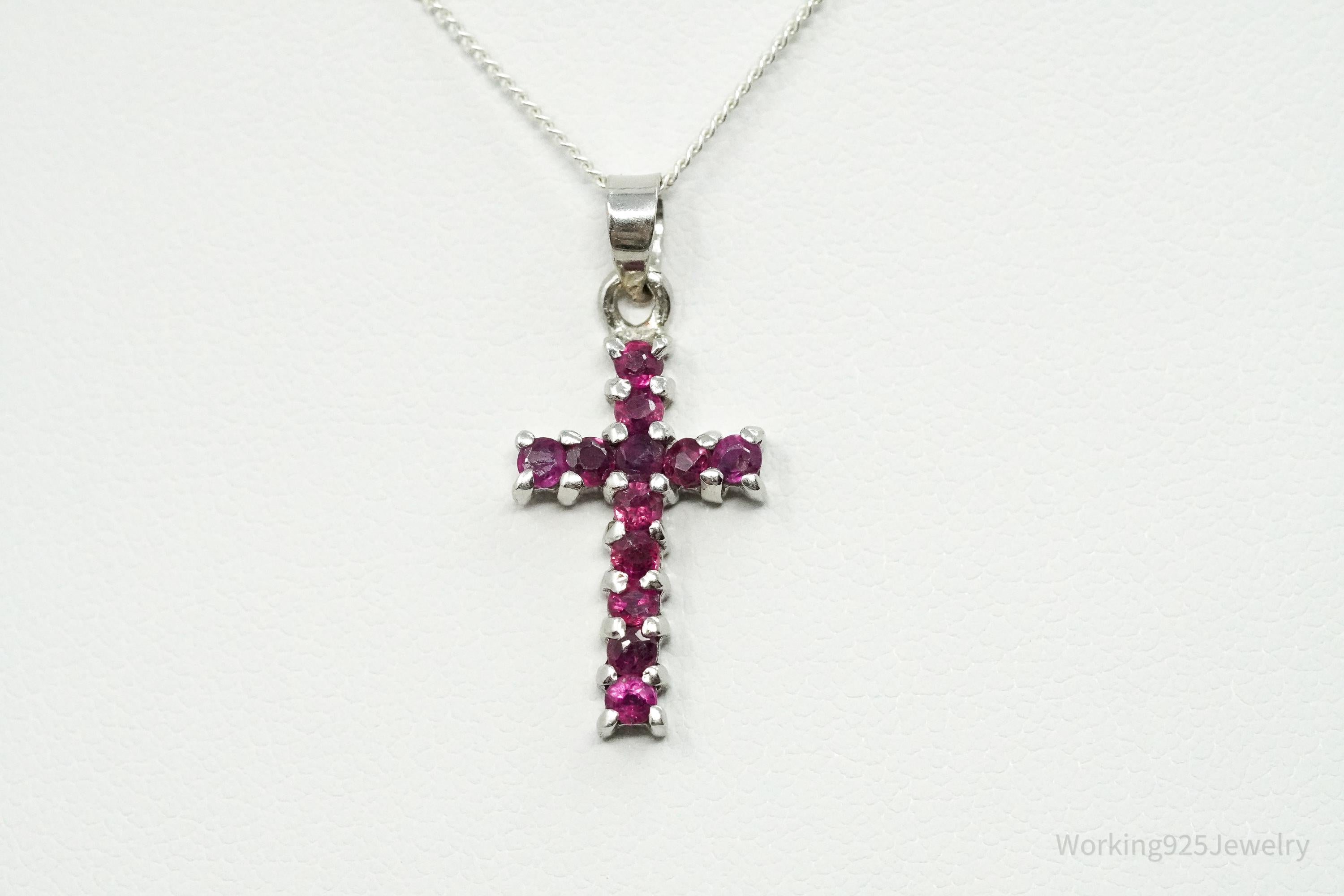 Vintage Ruby Cross Sterling Silver Necklace 16"