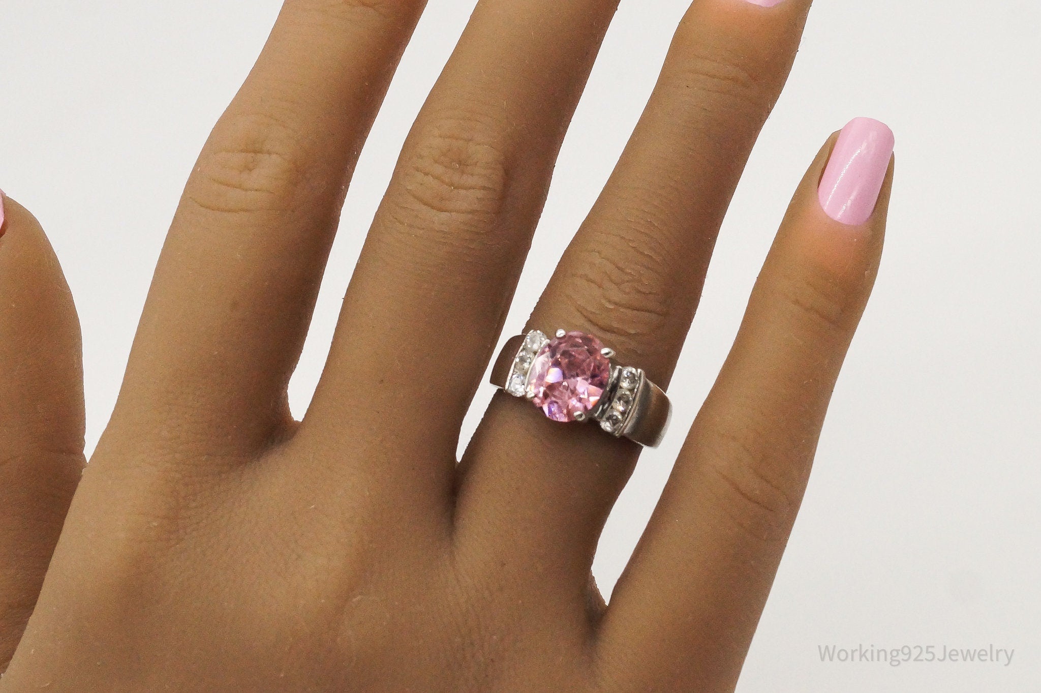 Vintage Pink & White Cubic Zirconia Sterling Silver Ring - Size 6.75