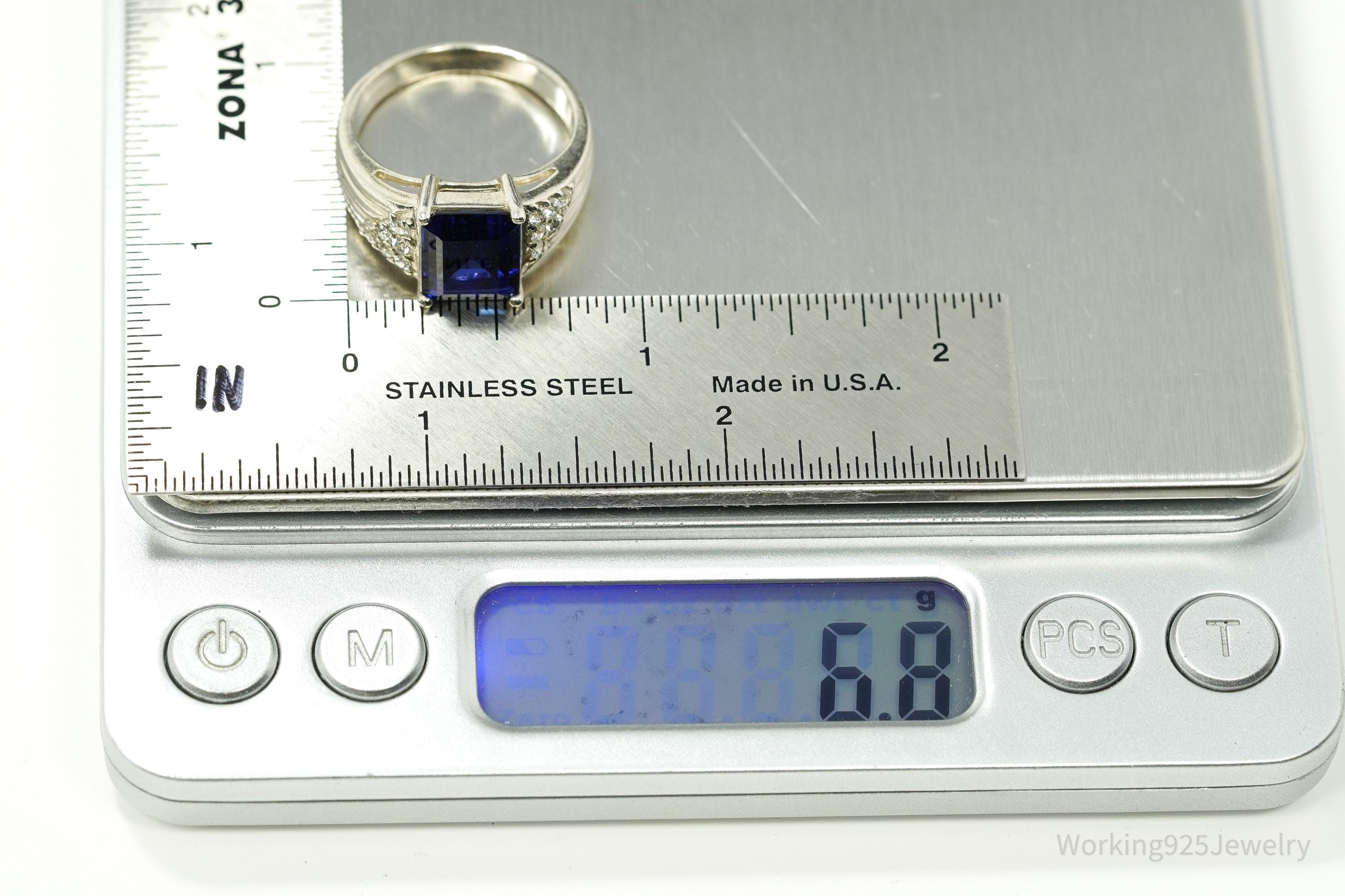 Vintage Lab Sapphire & Cubic Zirconia Sterling Silver Ring - Size 8.75