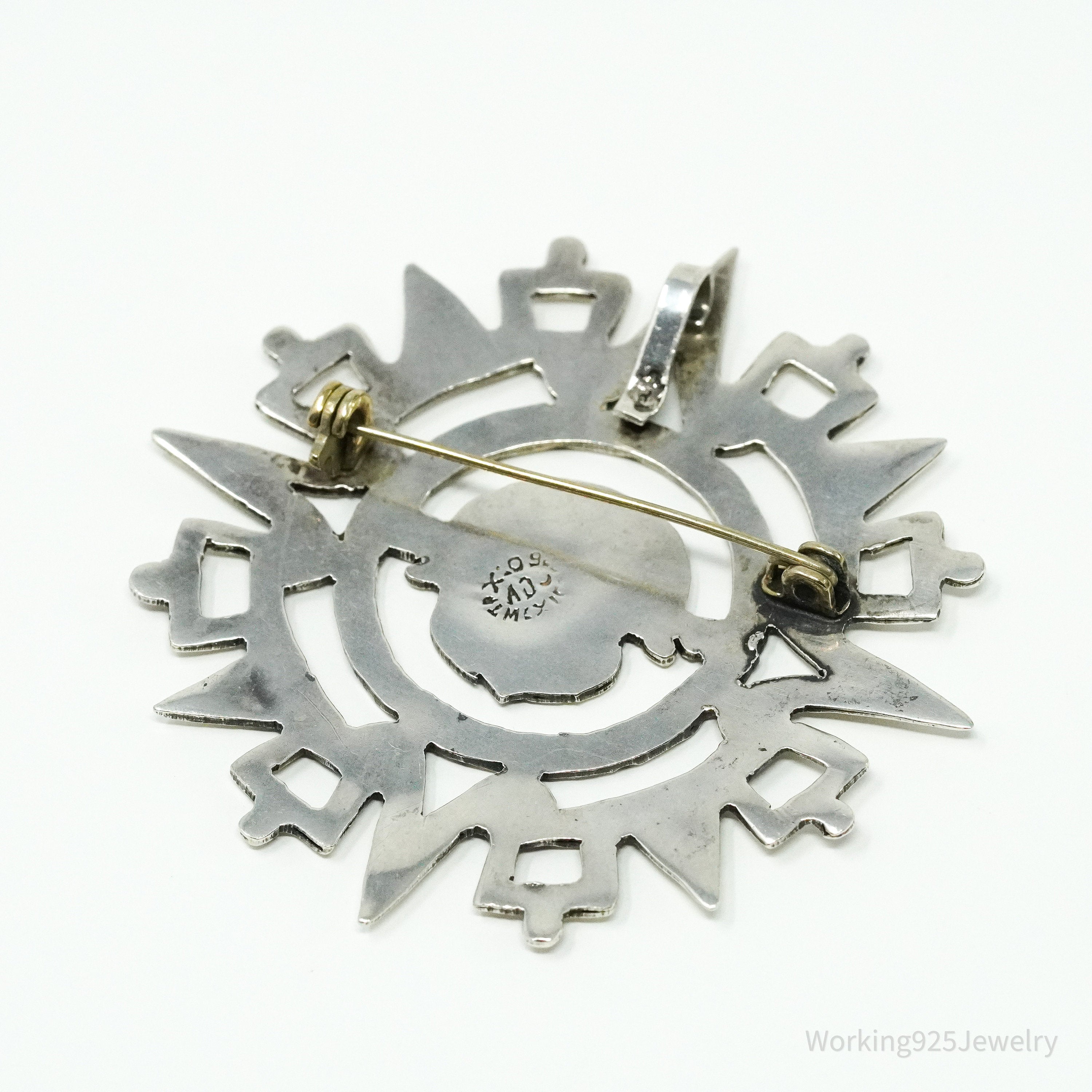 Large Vintage Mexico Aztec Mayan Sterling Silver Brooch Pin Pendant