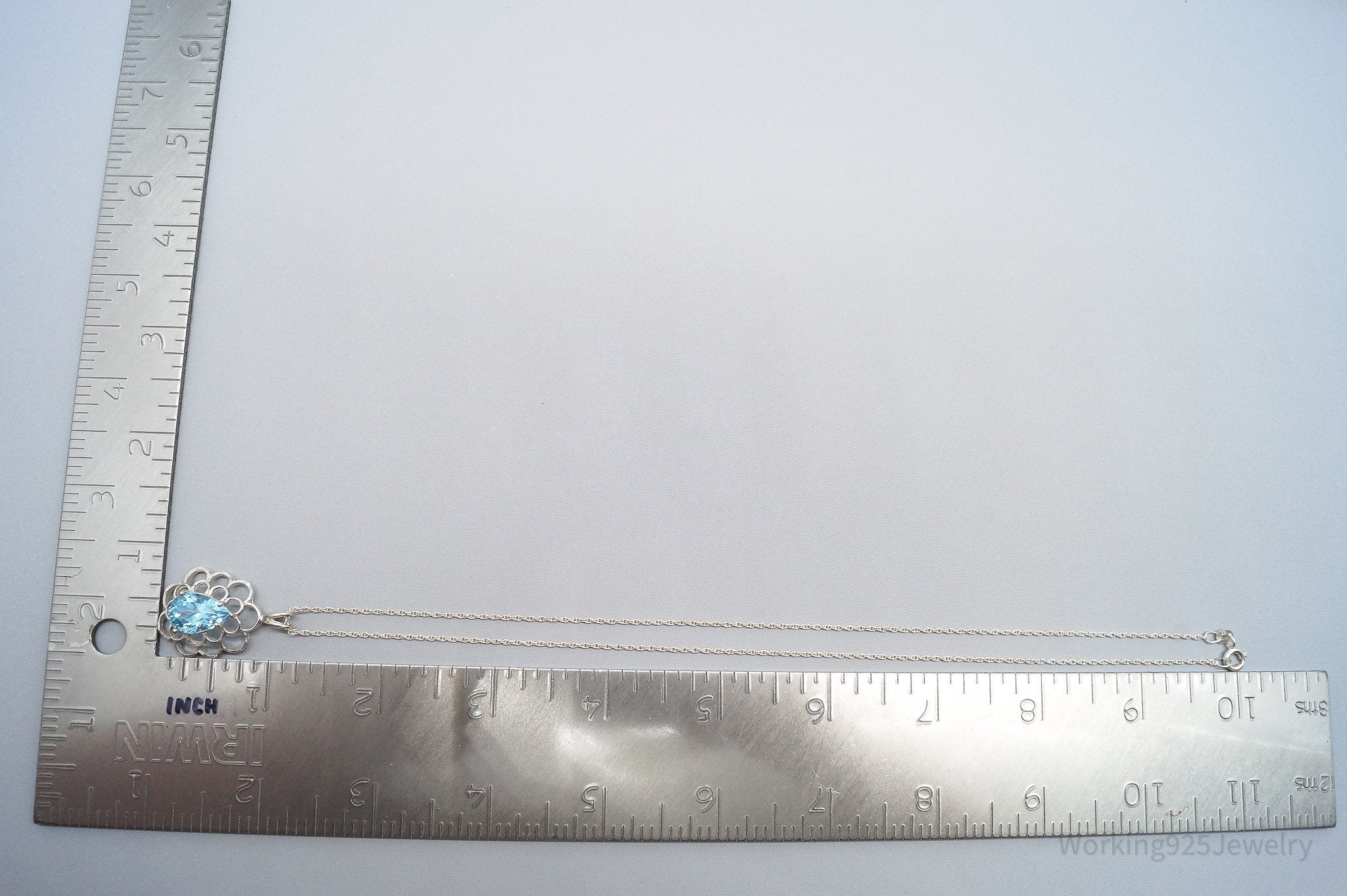 Vintage Large Blue Topaz Sterling Silver Necklace 18"