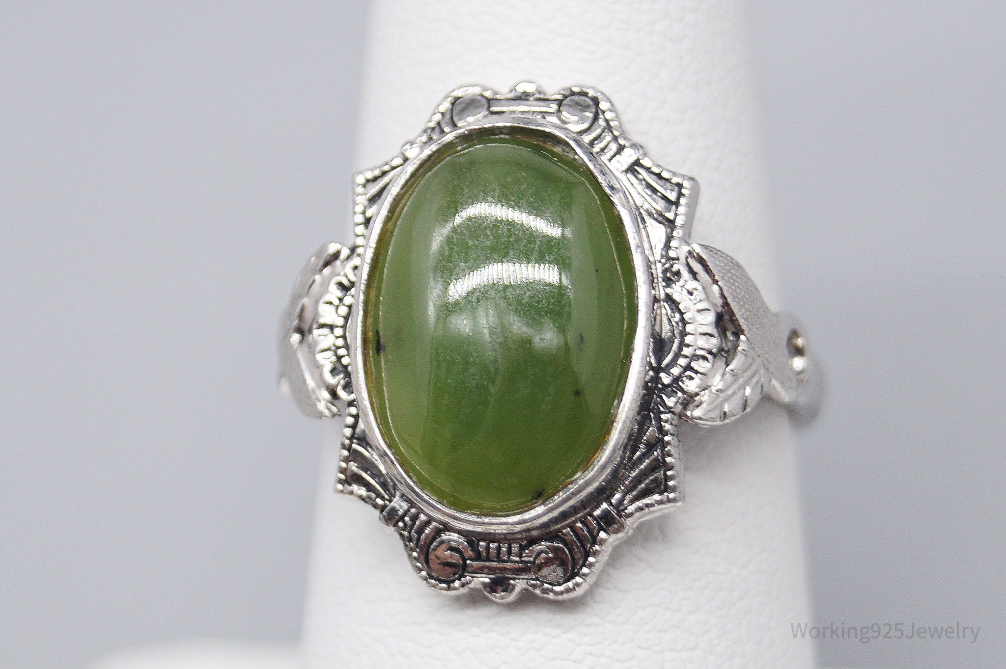 Antique Designer Clark & Coombs Nephrite Jade Sterling Silver Ring - Size 7.5