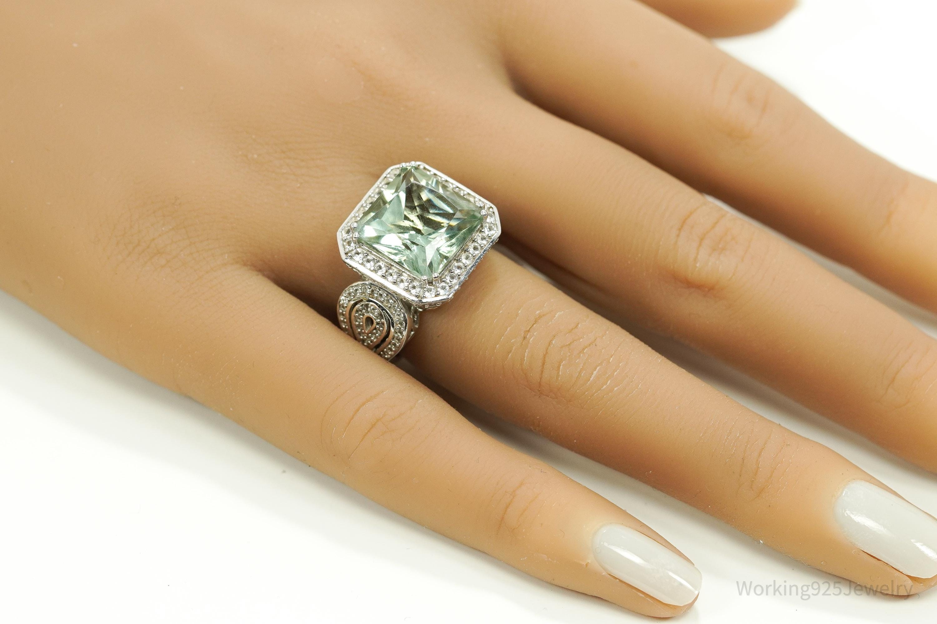 Large Green Amethyst & White Topaz Sterling Silver Ring - Size 7