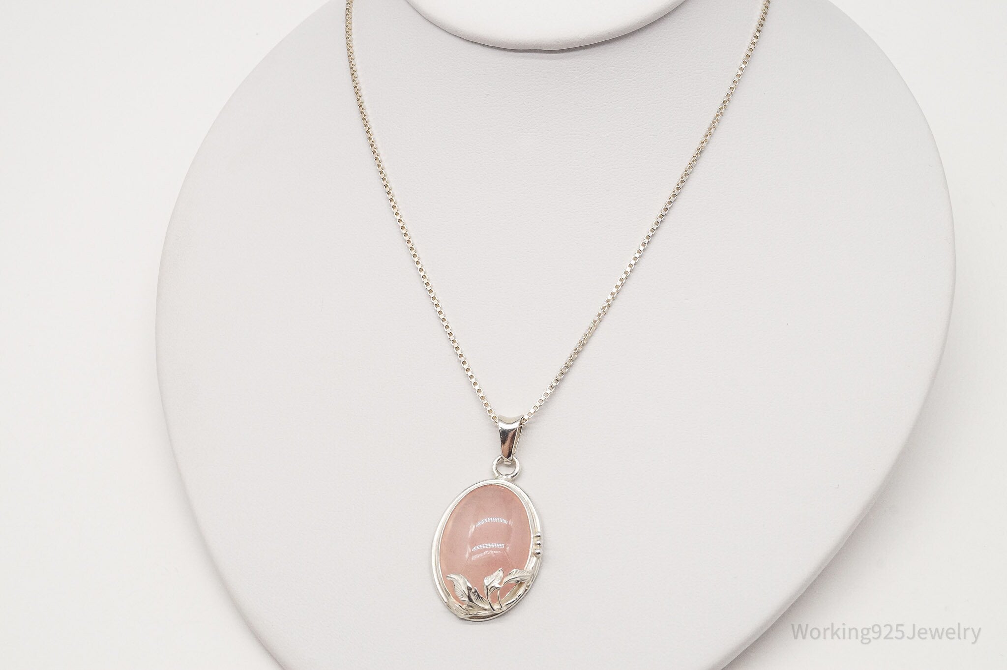 Vintage Large Rose Quartz Sterling Silver Necklace 18"