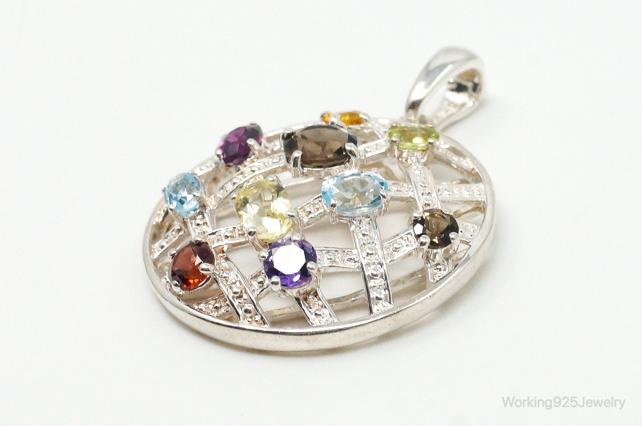 Vintage Multi Gemstone Sterling Silver Necklace Pendant