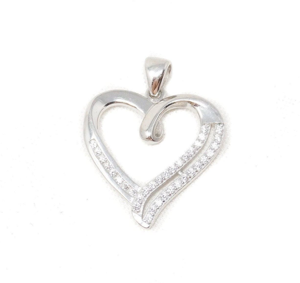 Vintage Open Heart Cubic Zirconia Accented Sterling Silver Necklace Pendant