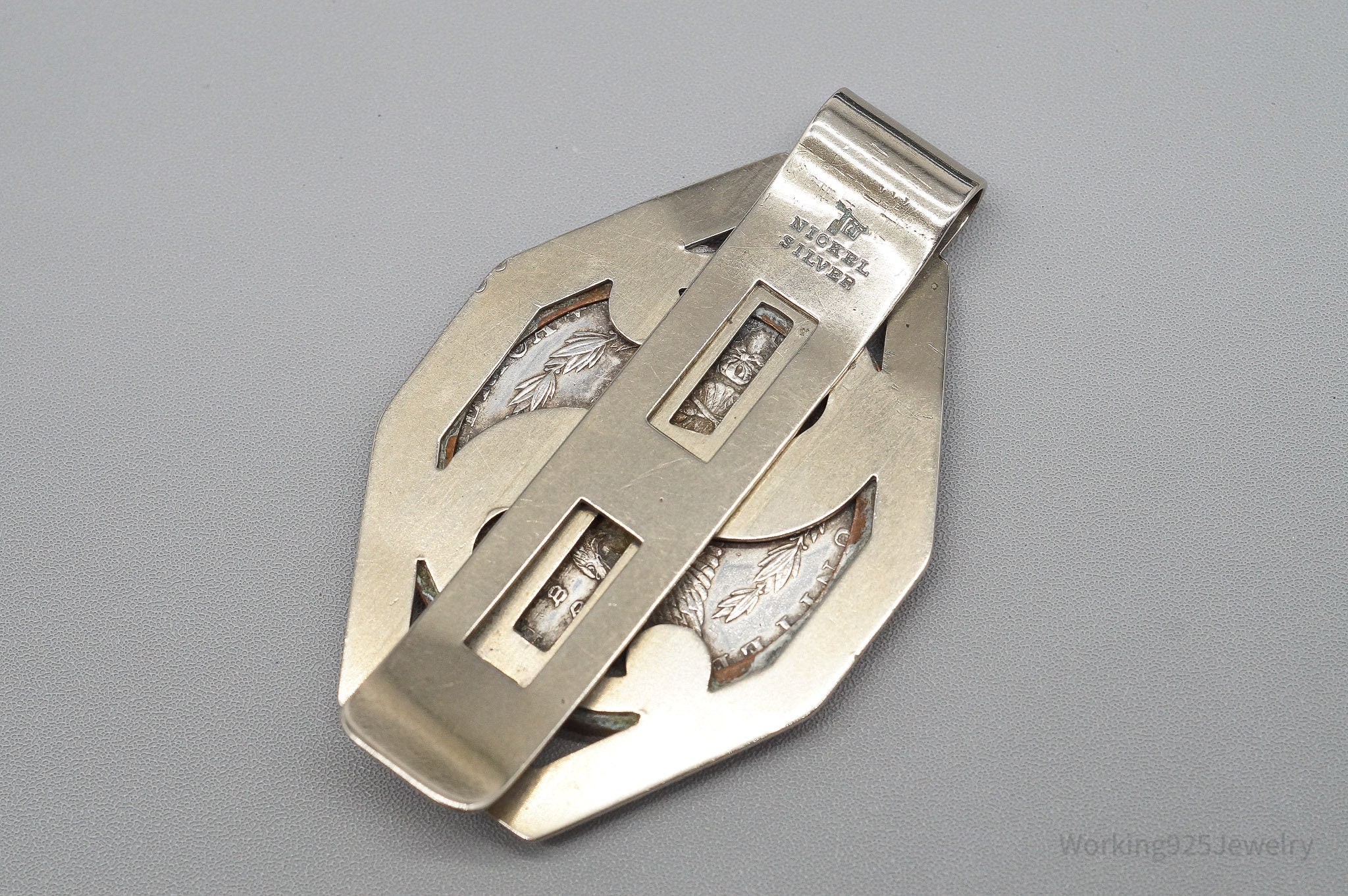 Antique 1896 Morgan Silver Dollar Coin Bell Trading Post Nickel Silver Money Clip