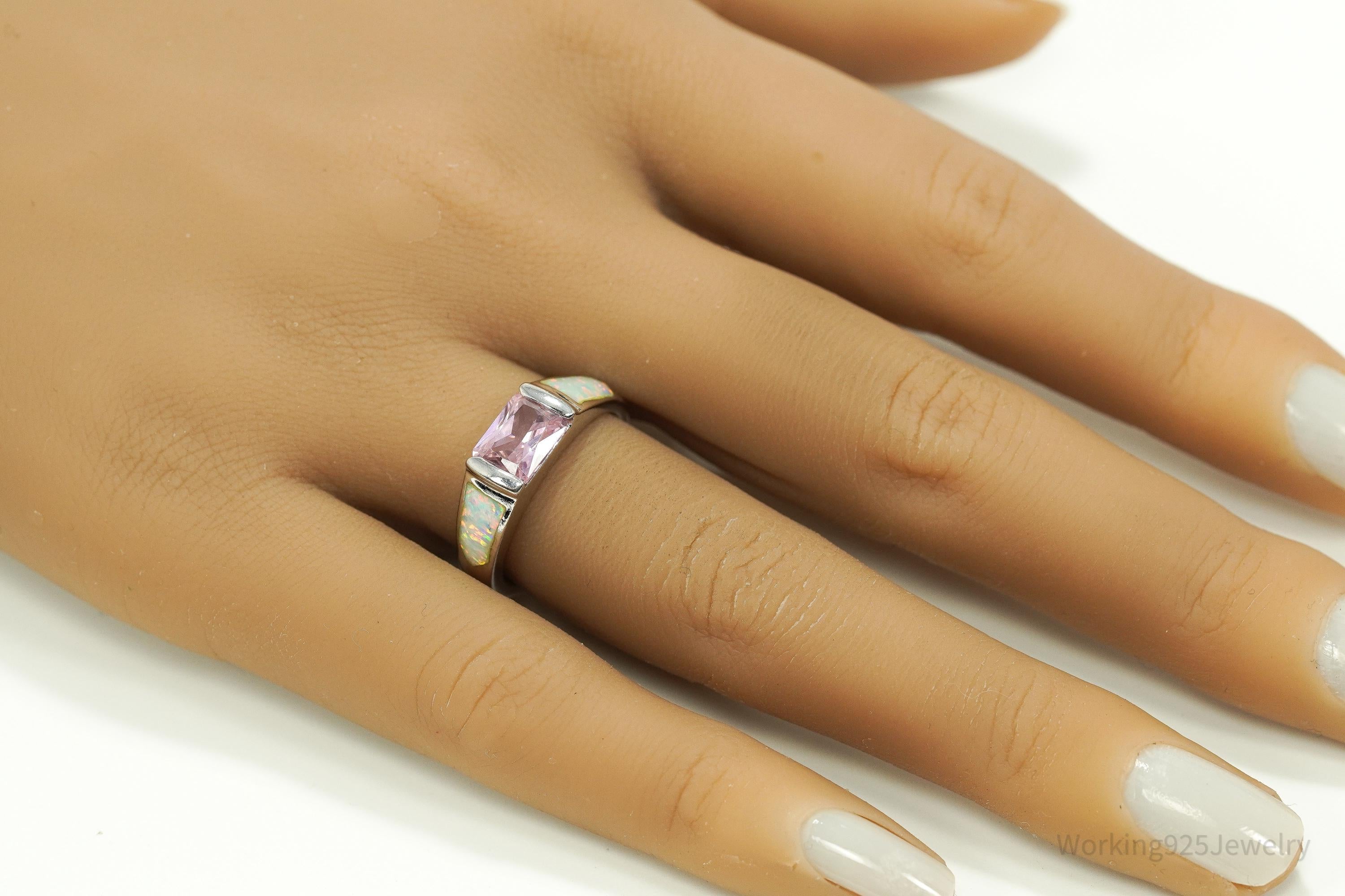 Vintage Opal & Pink Topaz Sterling Silver Ring Size 7