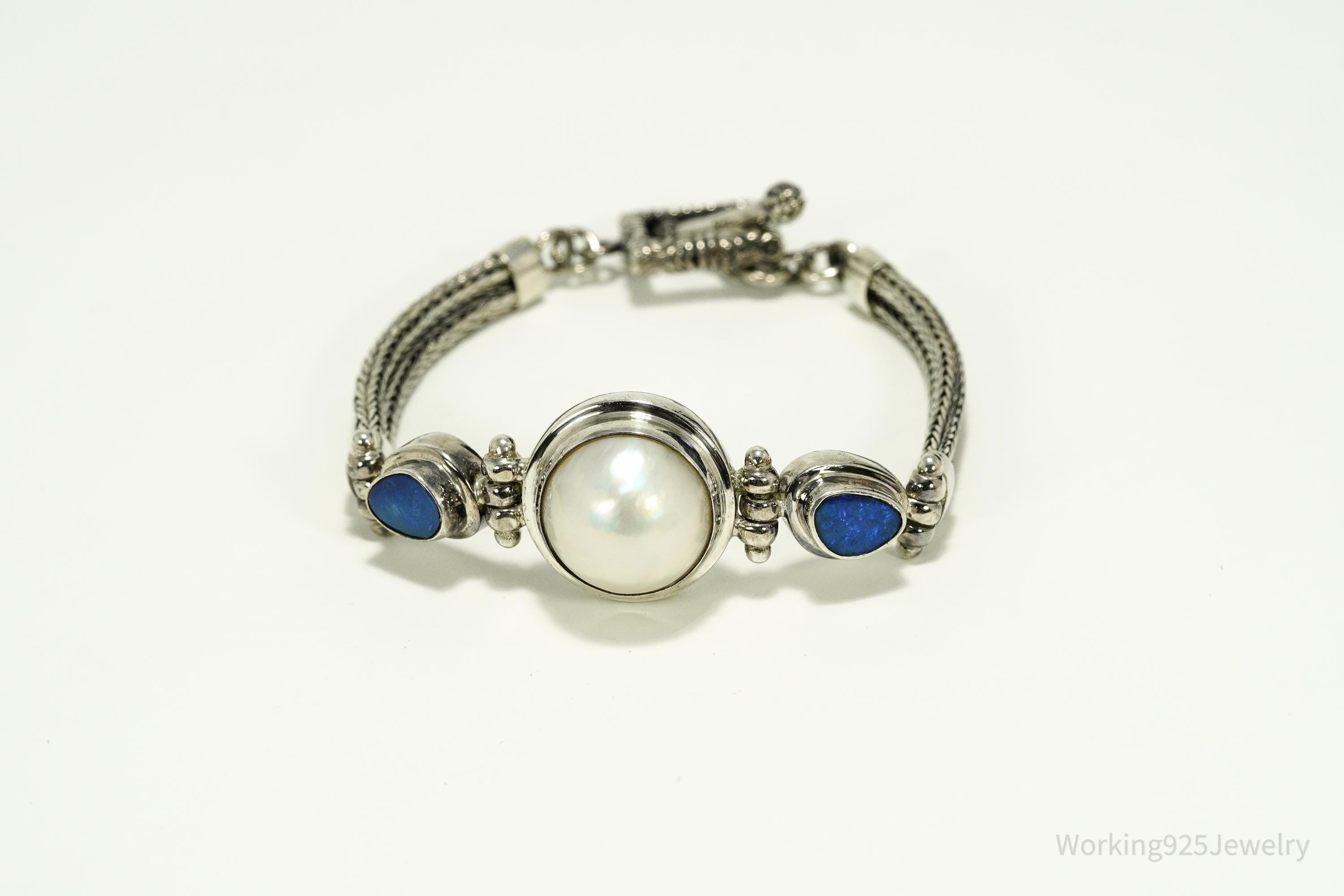 Vintage White Pearl & Opal Sterling Silver Toggle Bracelet 7 1/8"
