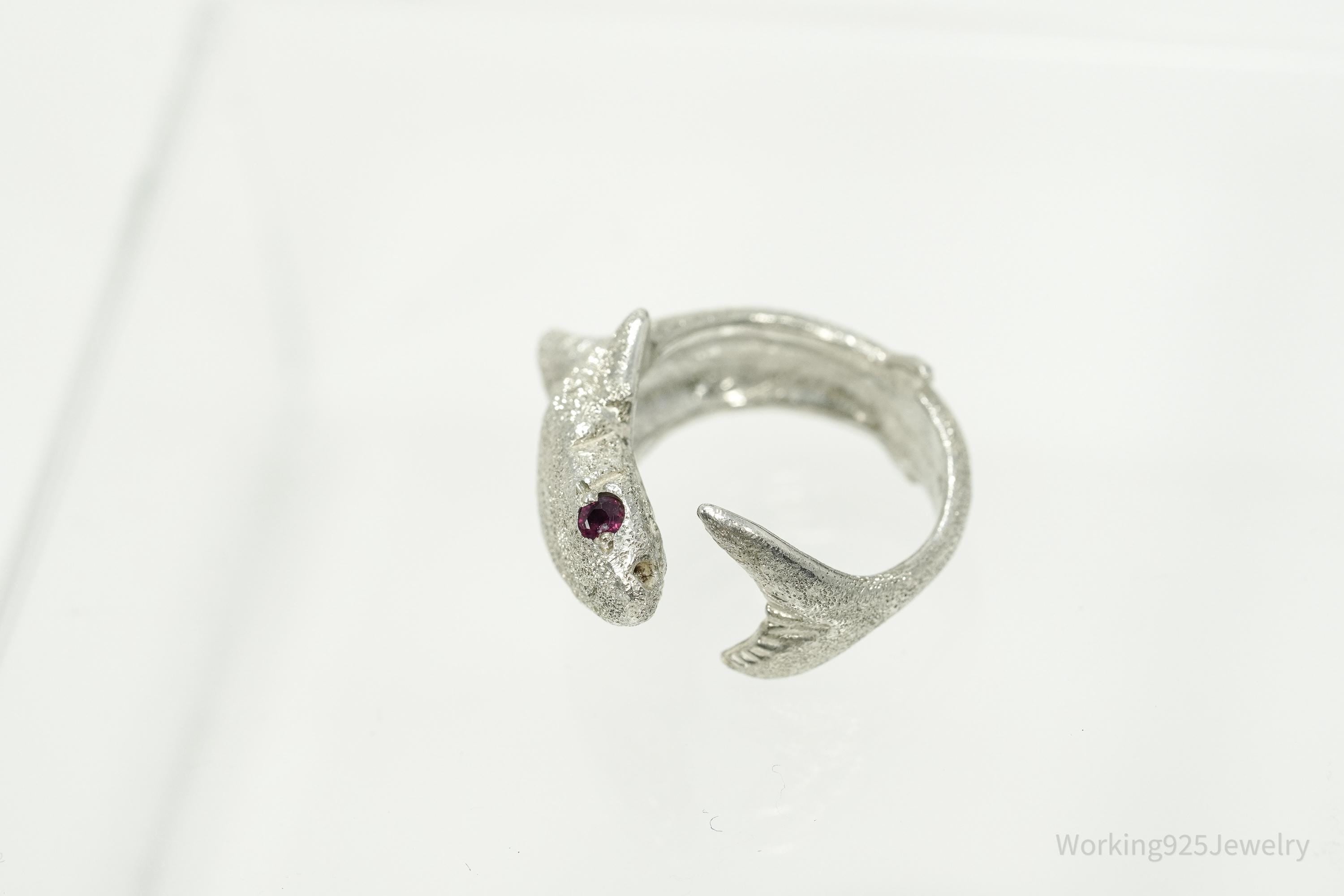 Vintage Ruby Eyed Shark Sterling Silver Wrap Ring - Size 6.25