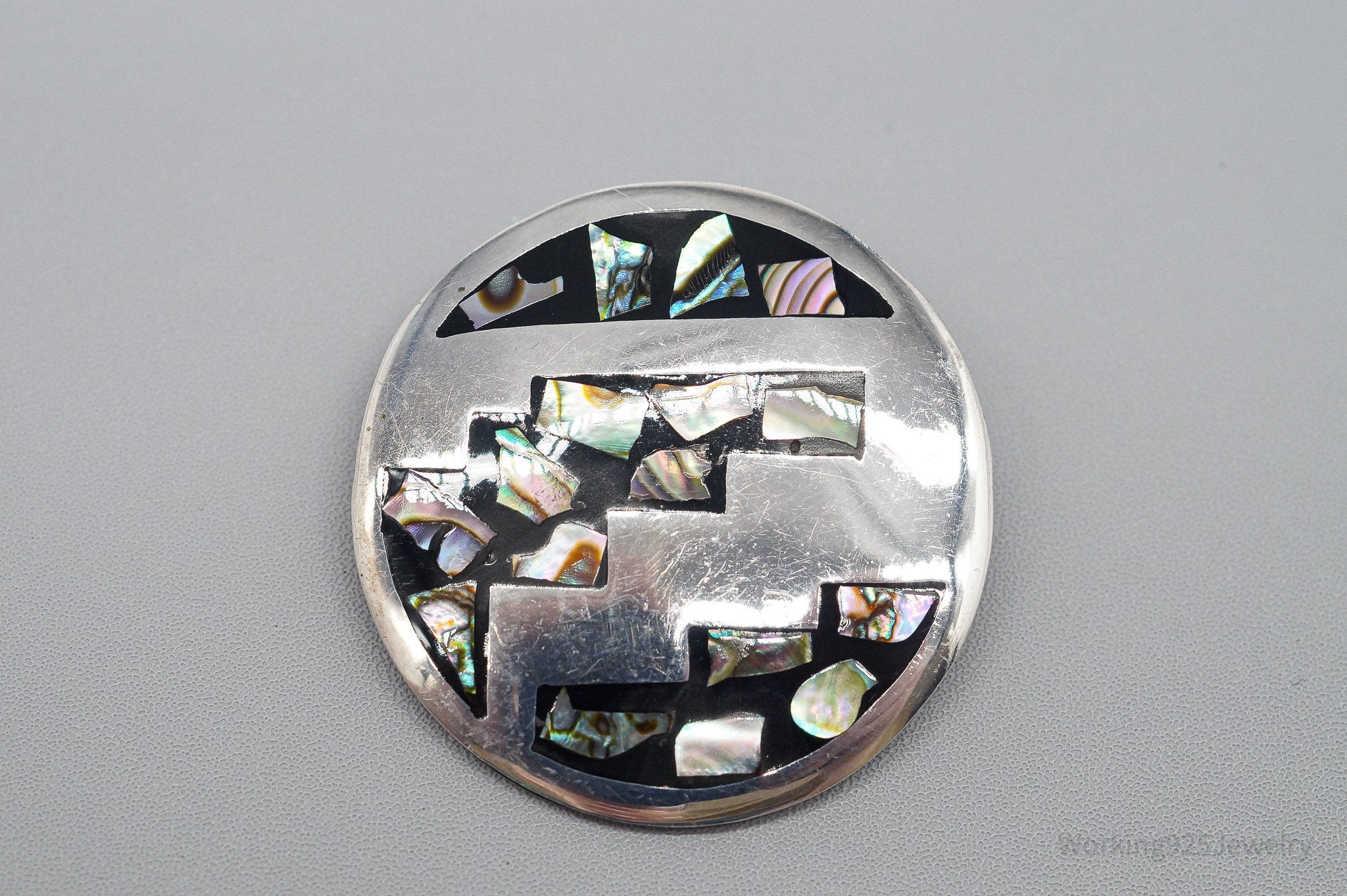 Large Vintage Taxco Mexico Abalone Paua Shell Inlay Sterling Silver Brooch Pin Pendant