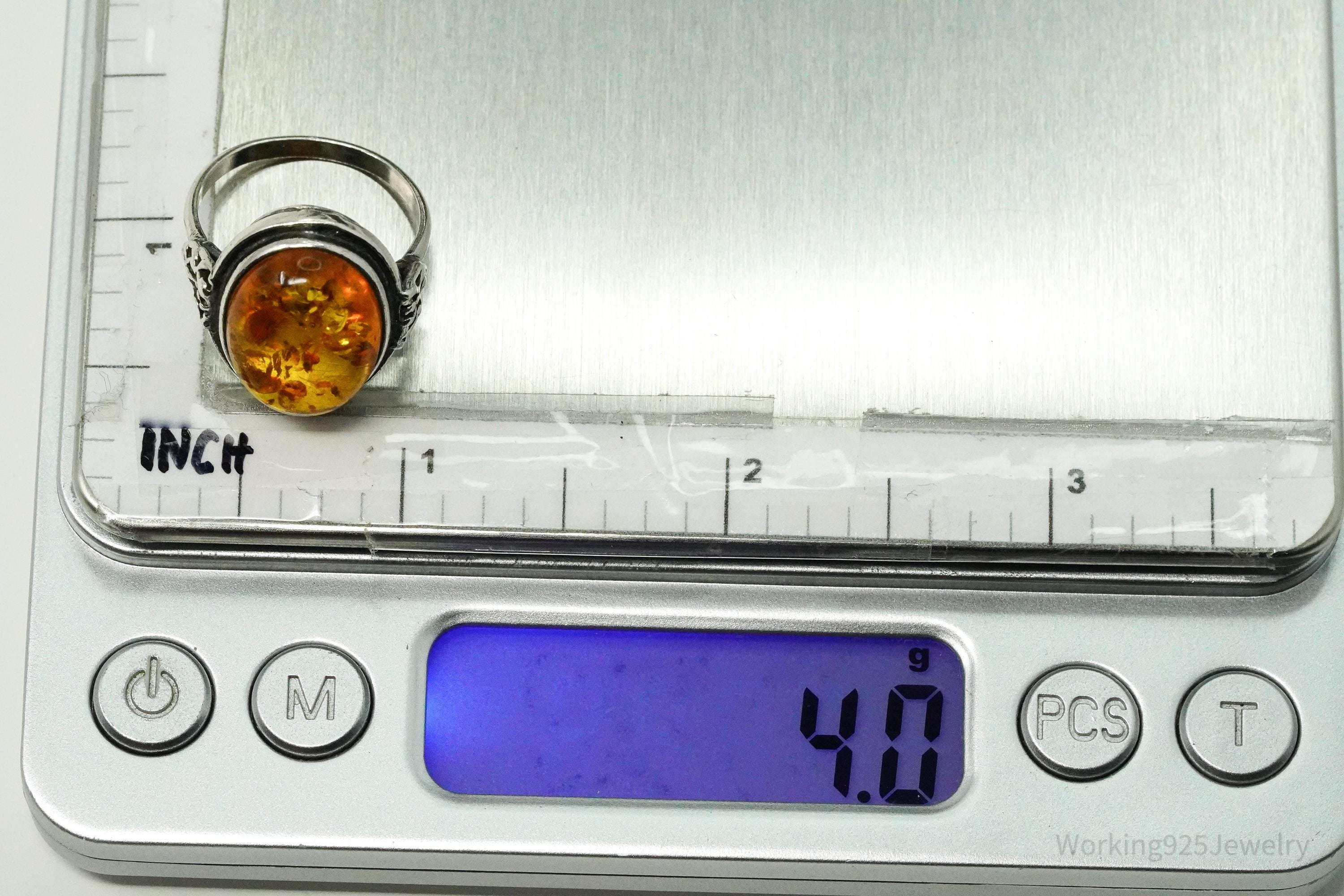 Vintage Amber Sterling Silver Ring - Size 7