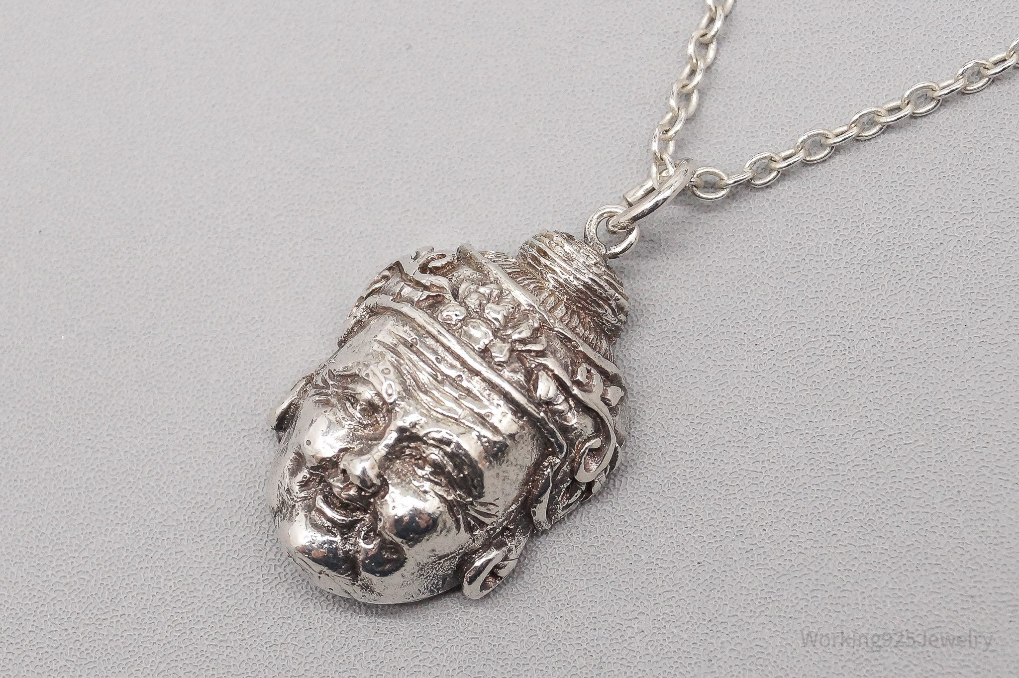 Vintage Buddha Head Sterling Silver Necklace 18"