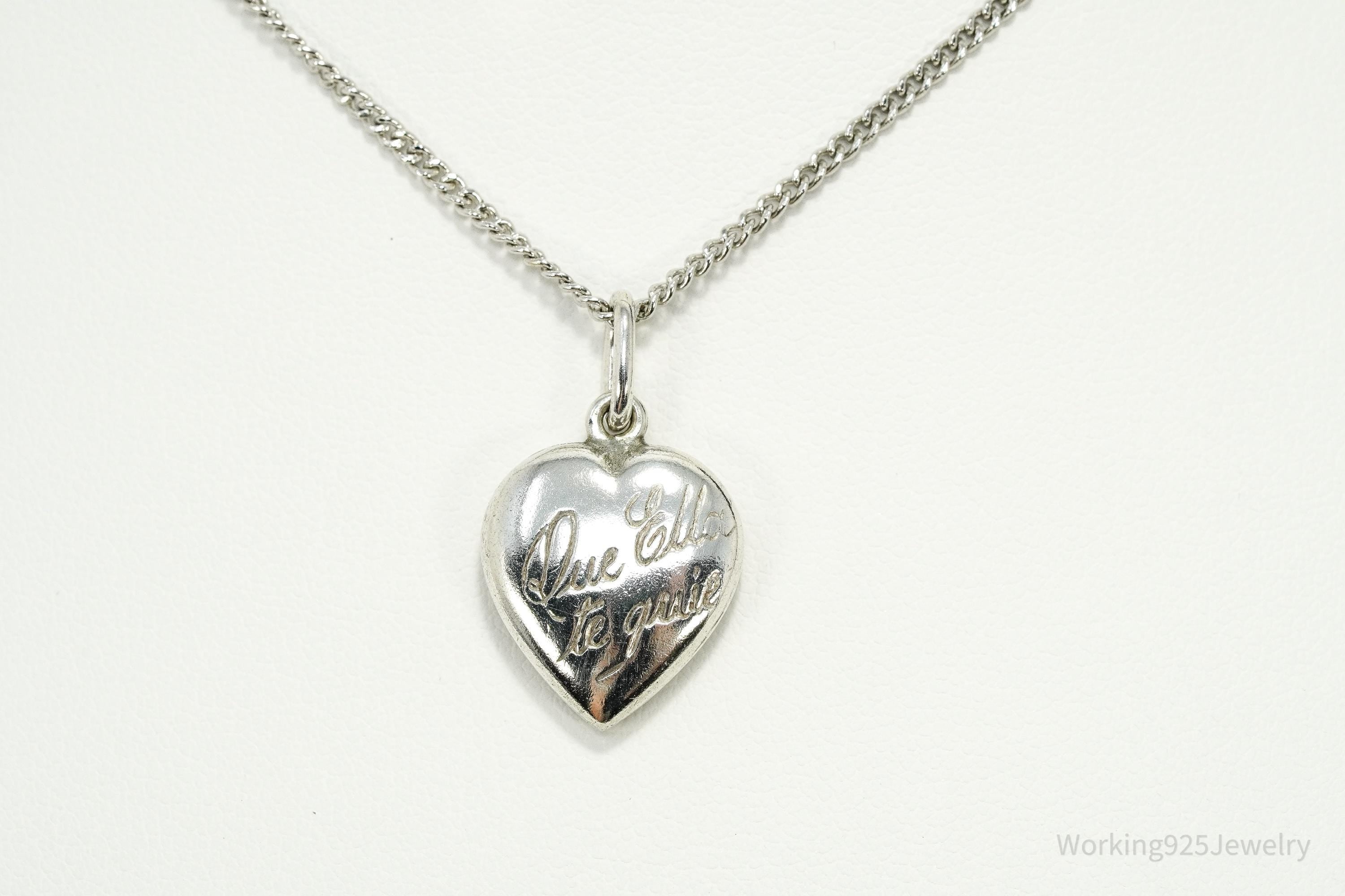 Vintage "Que Ella te guie" Puffy Heart Charm Sterling Silver Necklace 18"