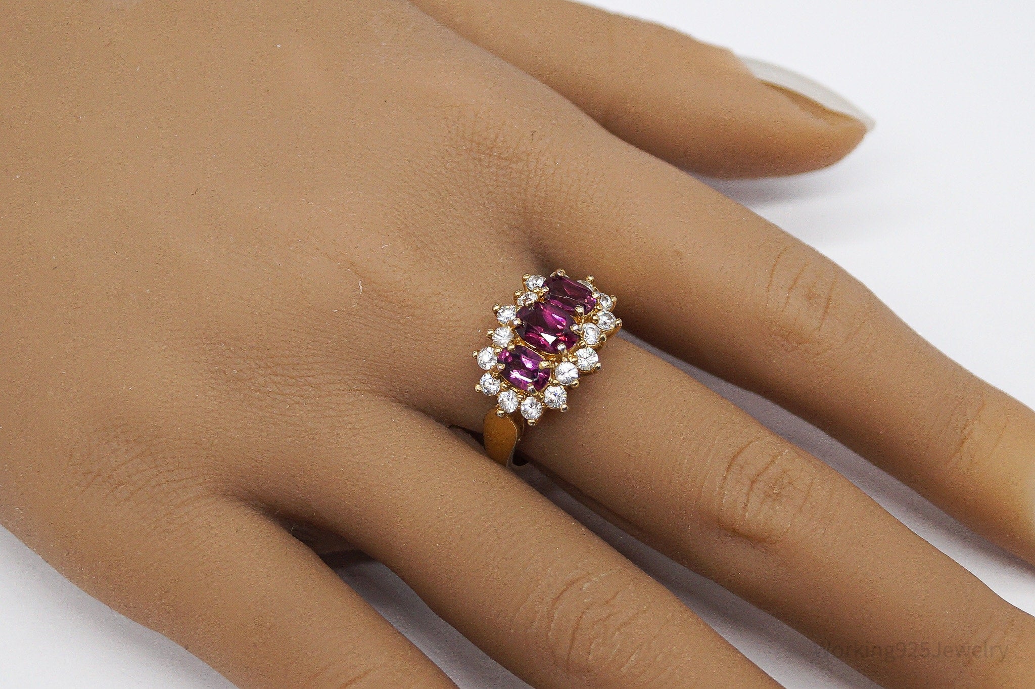 Vintage Pink Tourmaline Cubic Zirconia Gold Vermeil Sterling Silver Ring - Size 9