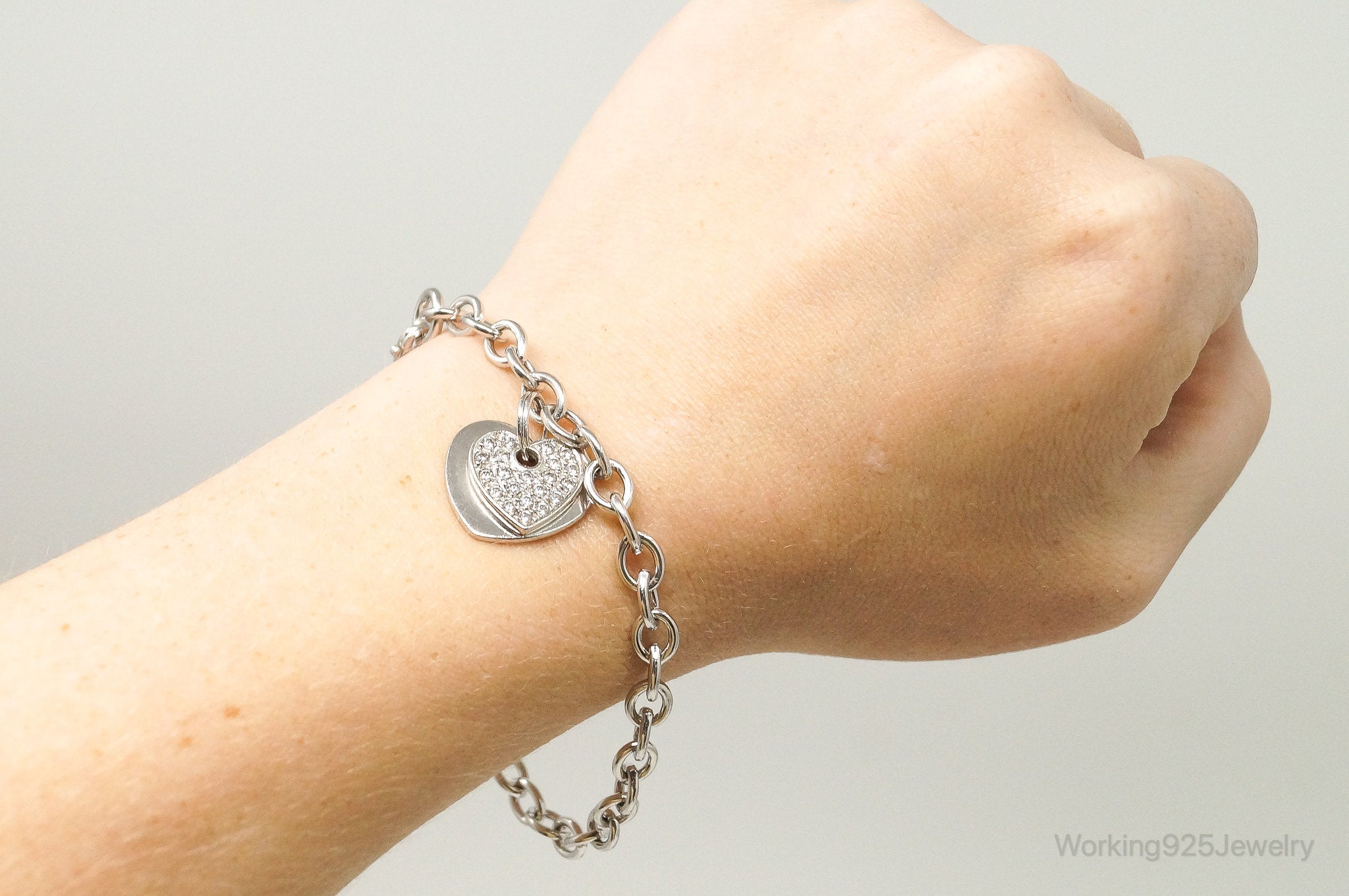 Designer Ross Simons Cubic Zirconia Heart Sterling Silver Bracelet