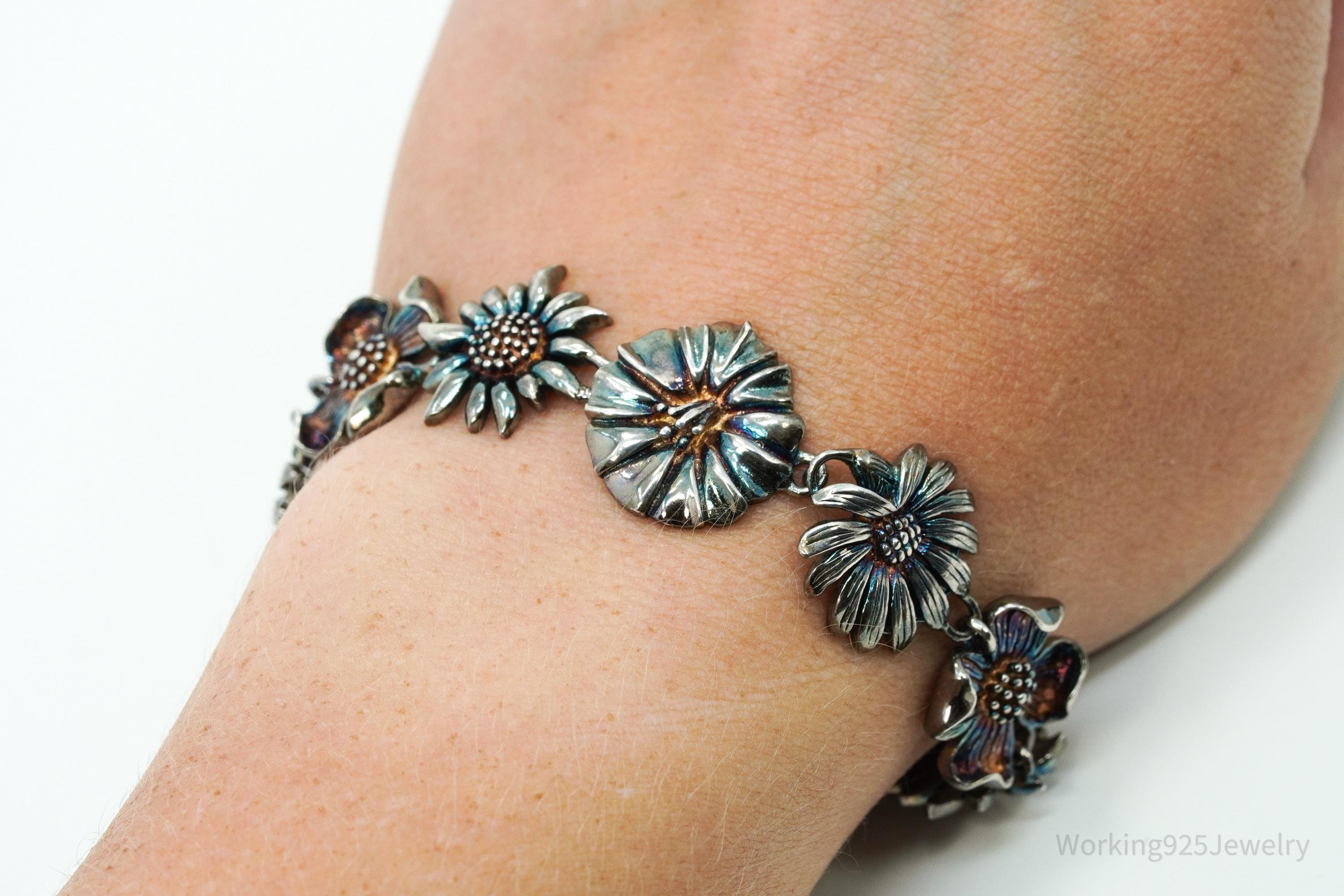 Vintage Flowers Sterling Silver Bracelet 7.5"