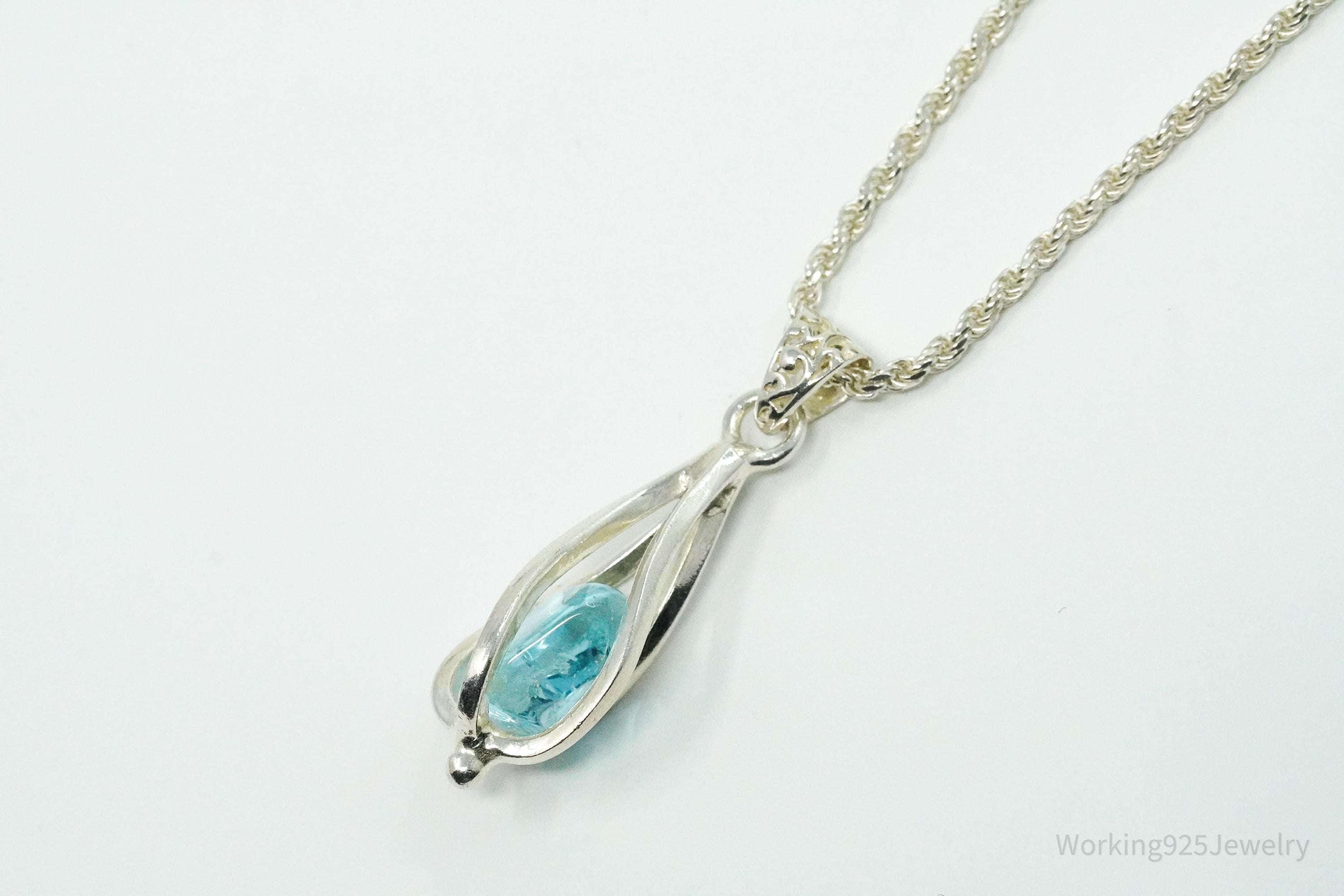 Vintage Caged Blue Stone Sterling Silver Necklace 18"