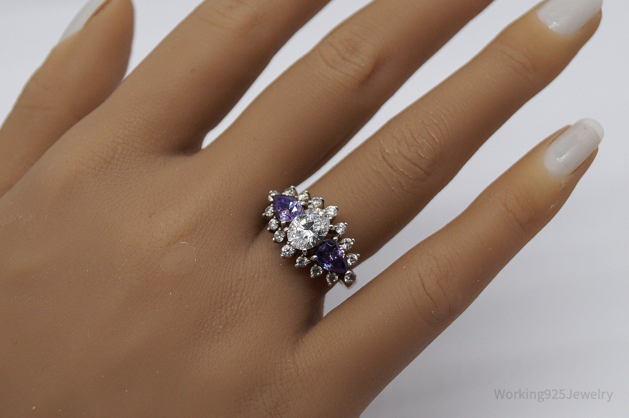 Vintage Purple & White Diamonique Cubic Zirconia Sterling Silver Ring - Size 8
