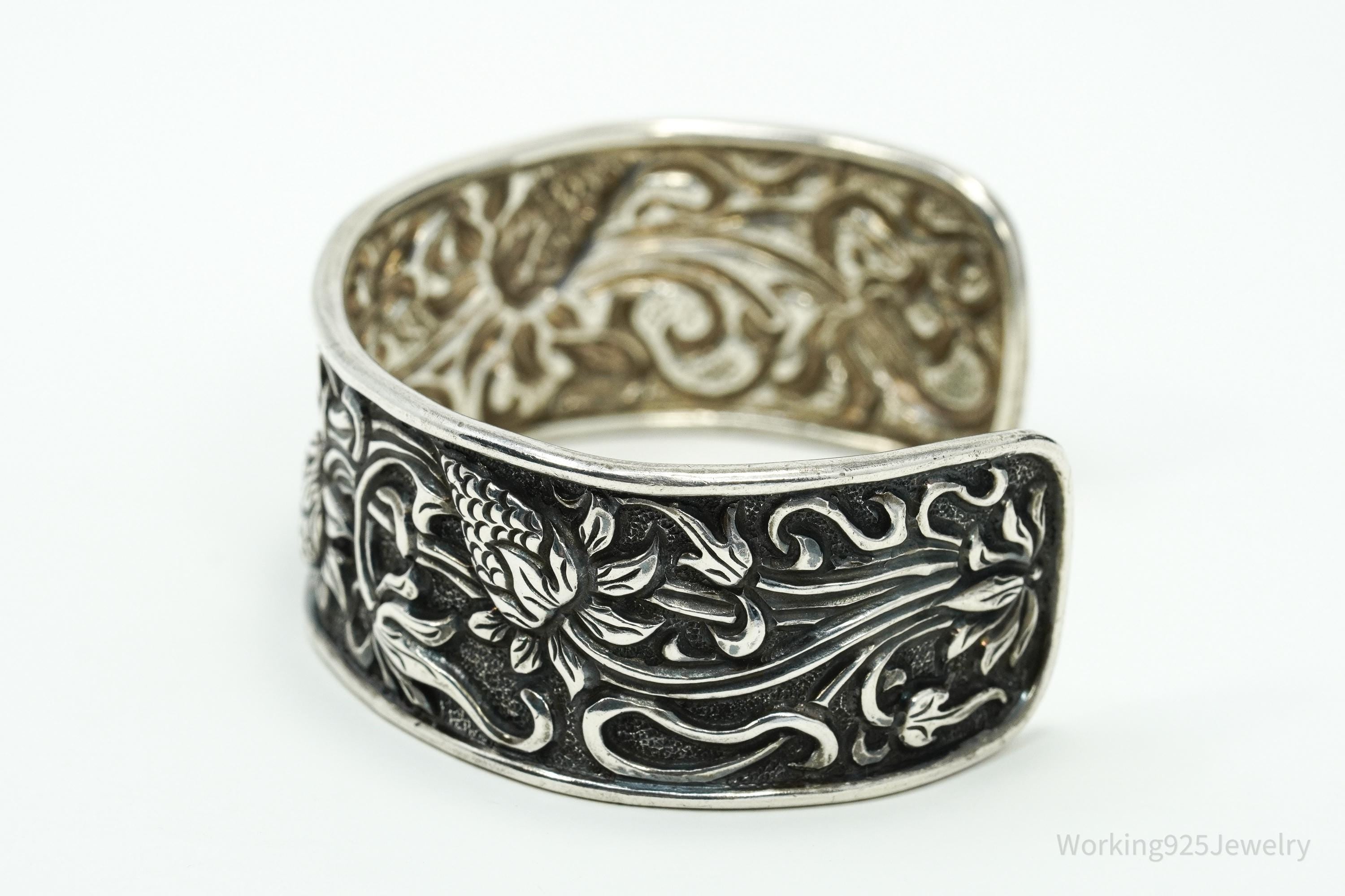 Vintage TIKA Strawberry Floral Pattern Repousse Sterling Silver Cuff Bracelet 7 5/8"