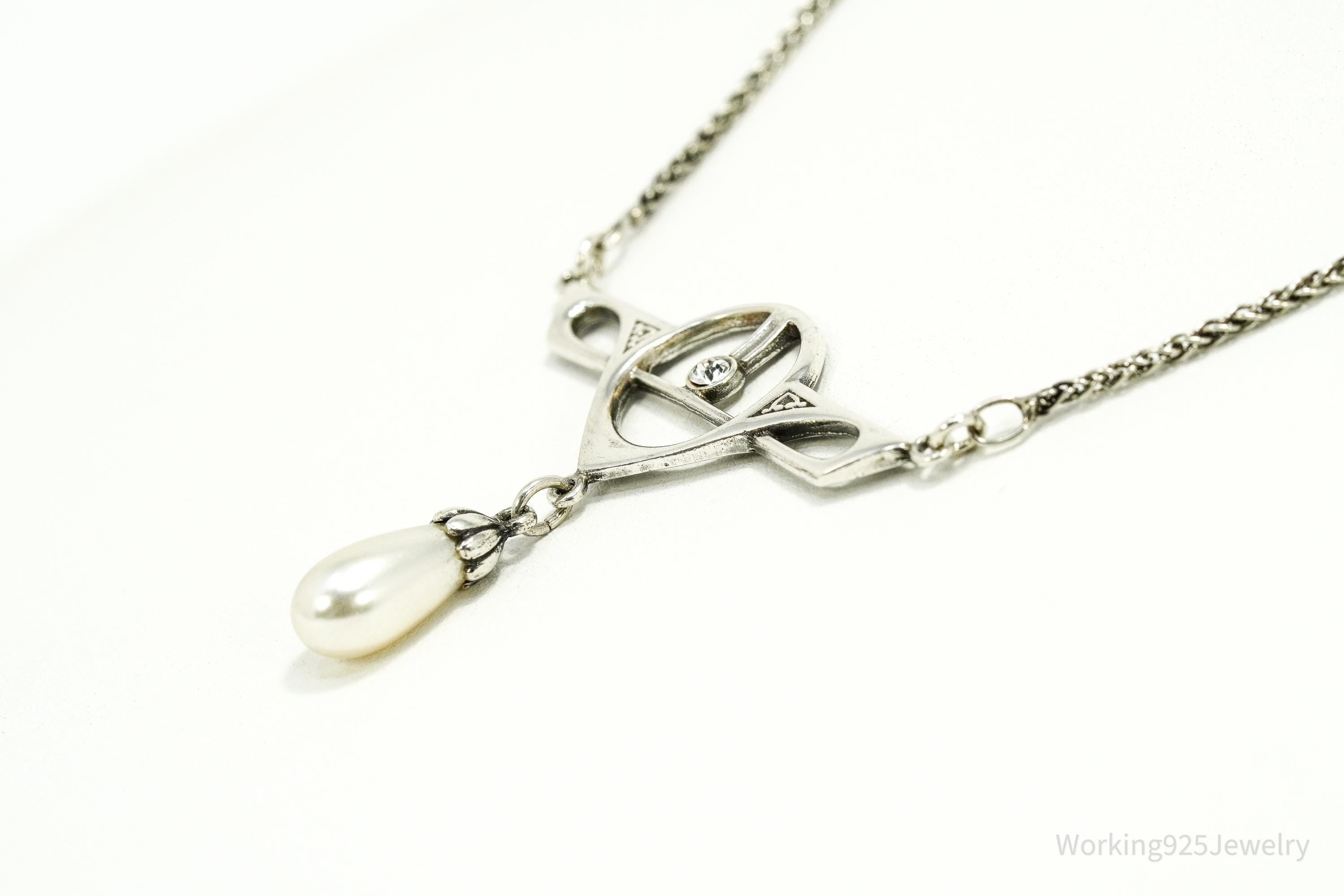 Vintage Art Nouveau Style Pearl & Swarovski Crystal Sterling Silver Necklace 15"