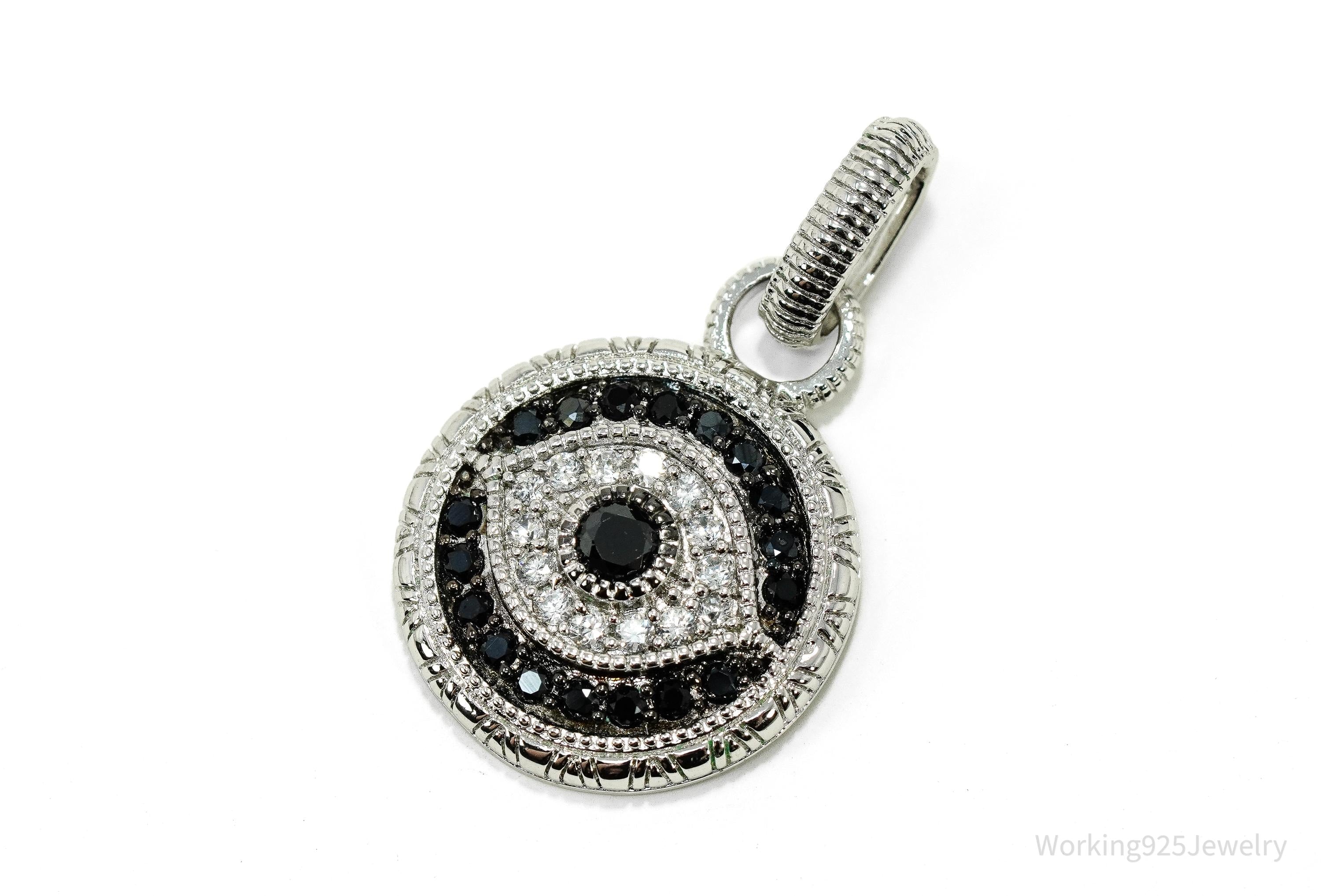 Vintage Pave Black Spinel & Cubic Zirconia Evil Eye Sterling Silver Charm Pendant