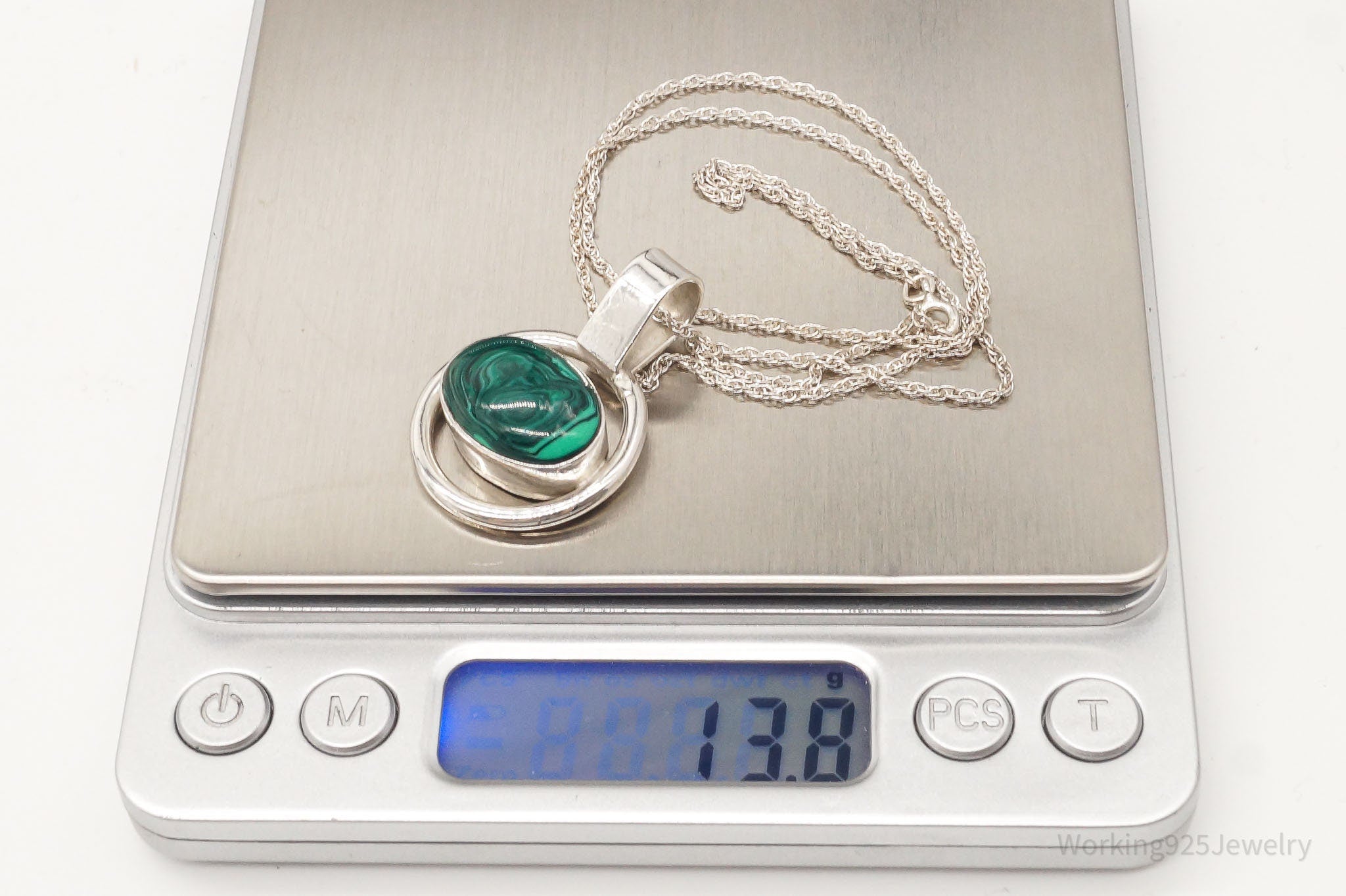 Vintage Mexico Large Malachite Modernist Sterling Silver Necklace