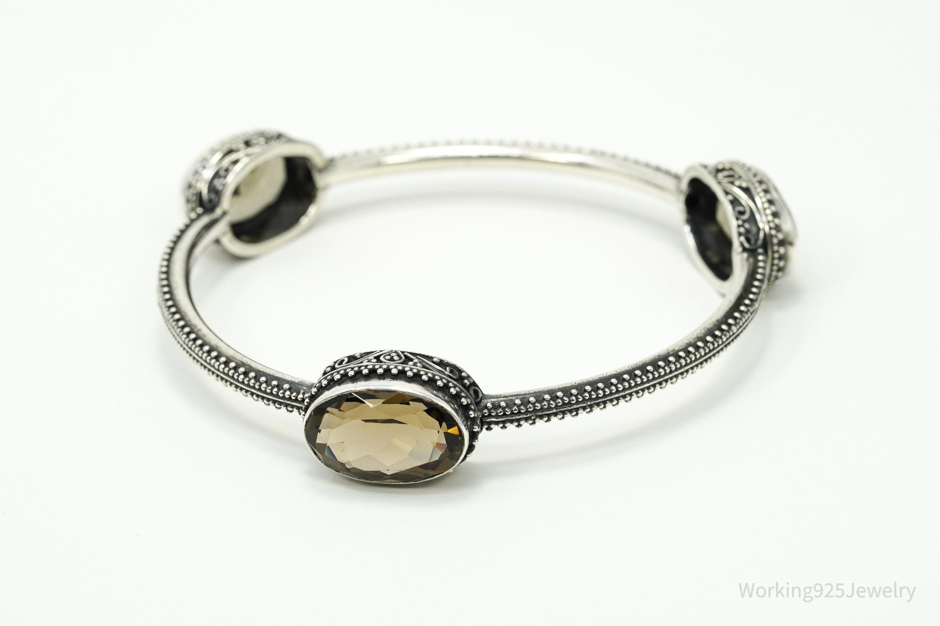 Vintage Smoky Topaz Silver Bangle Bracelet 8"
