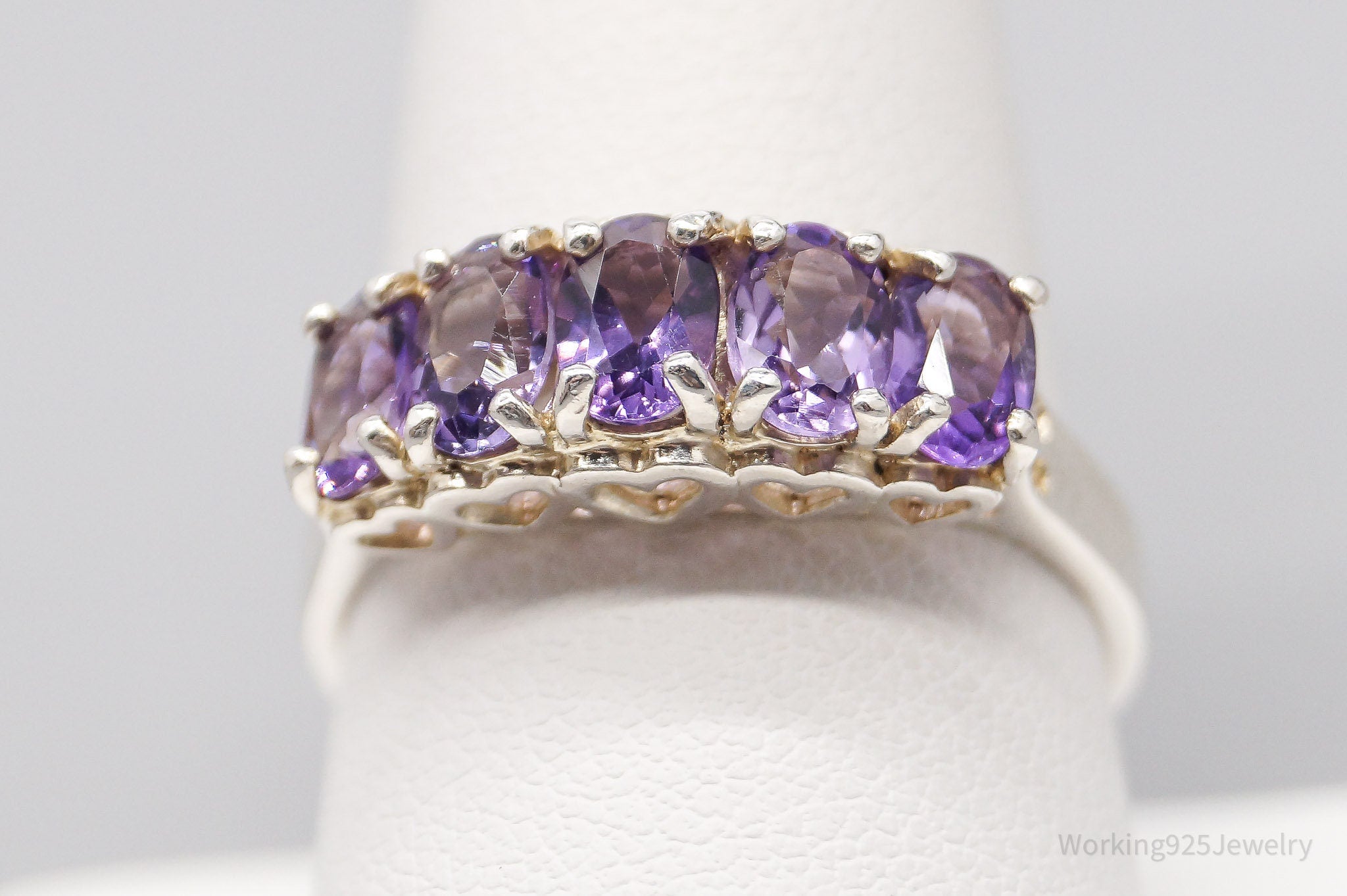 Vintage CNA Amethyst Hearts Designs Sterling Silver Ring - Size 10