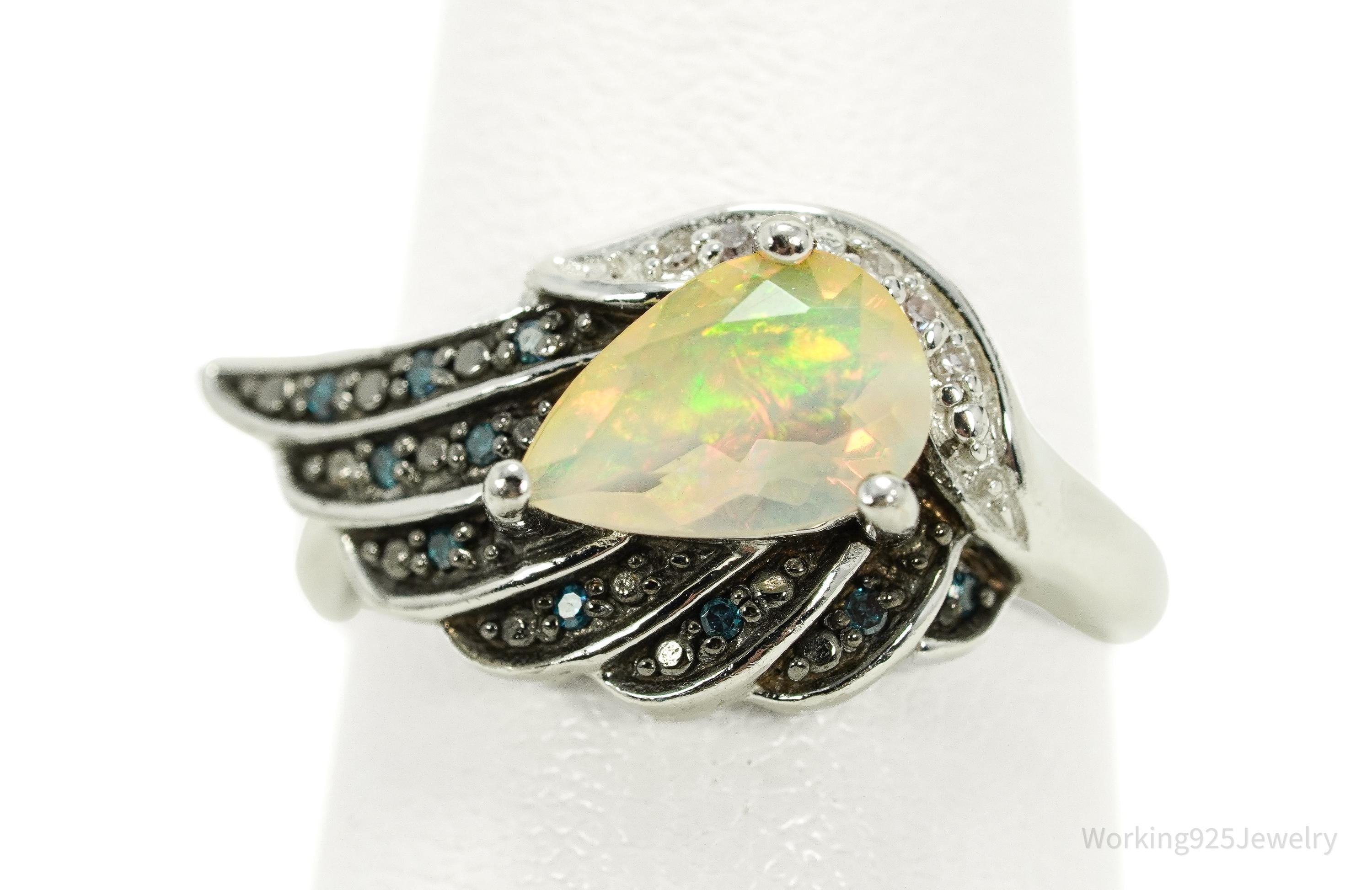 Vintage KH Opal & Diamond Sterling Silver Ring - Size 6