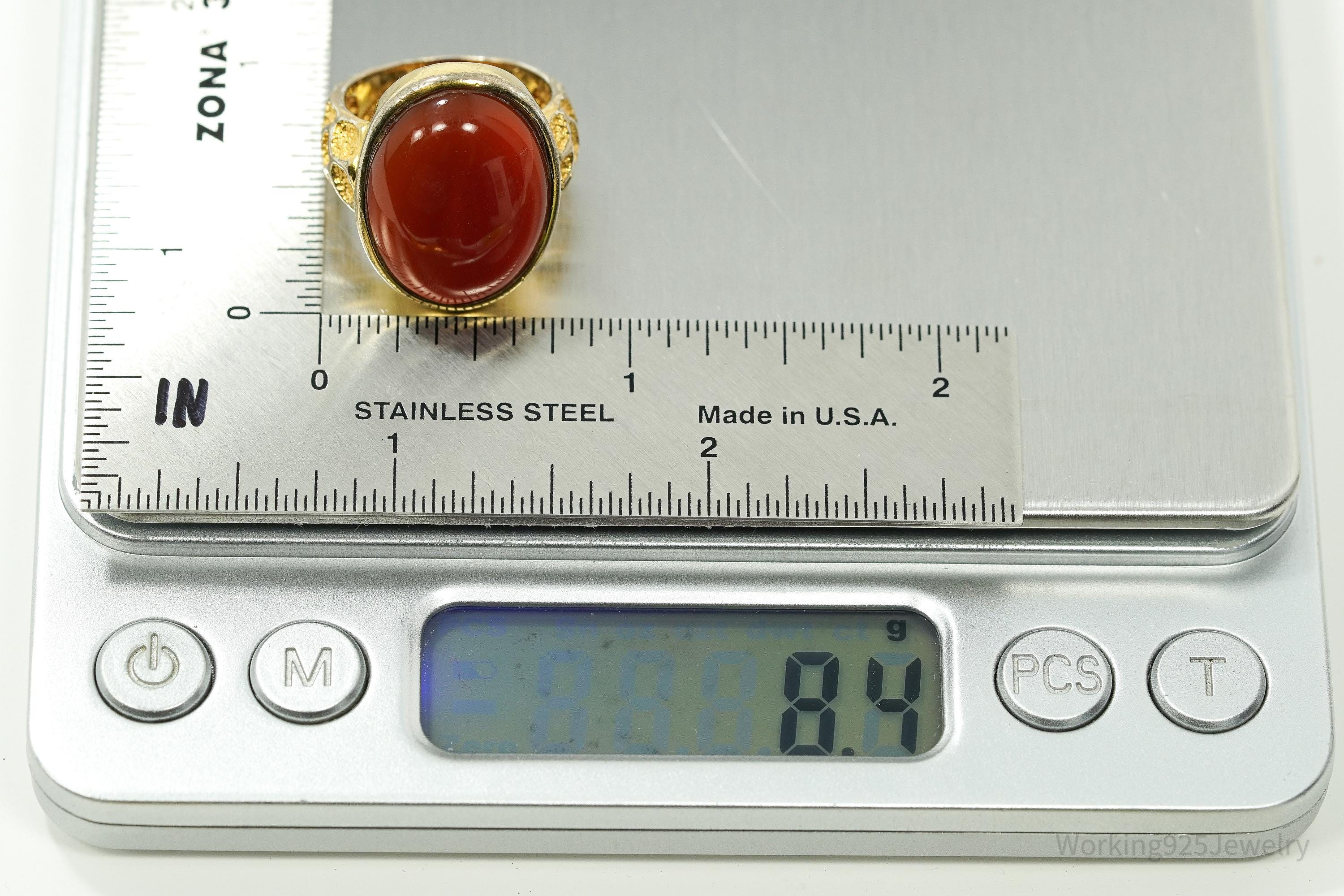 Vintage Designer BADAVICI Carnelian Gold Wash Sterling Silver Ring - Size 6.5