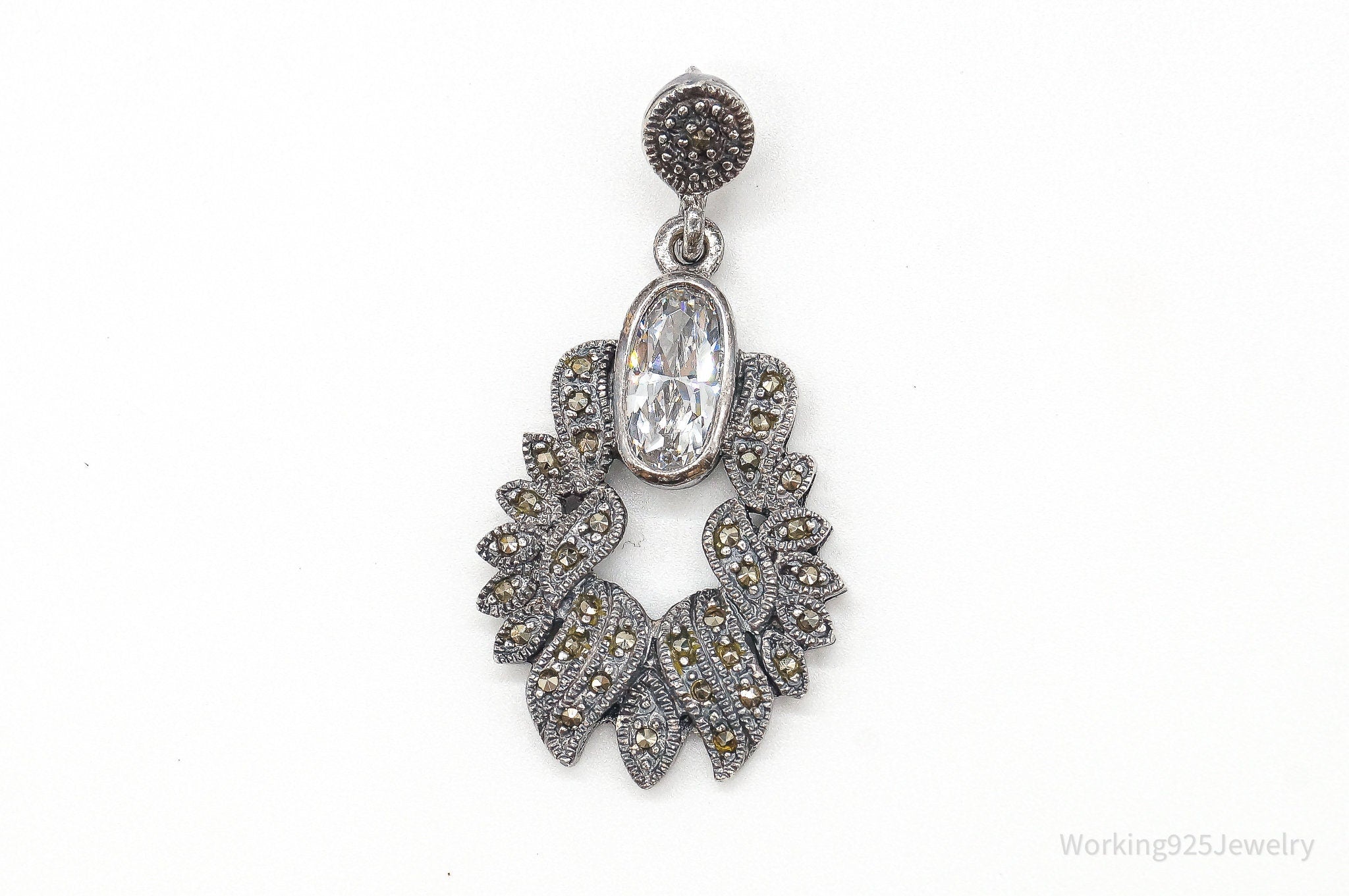 Vintage Marcasite Art Deco Cubic Zirconia Sterling Silver Pendant